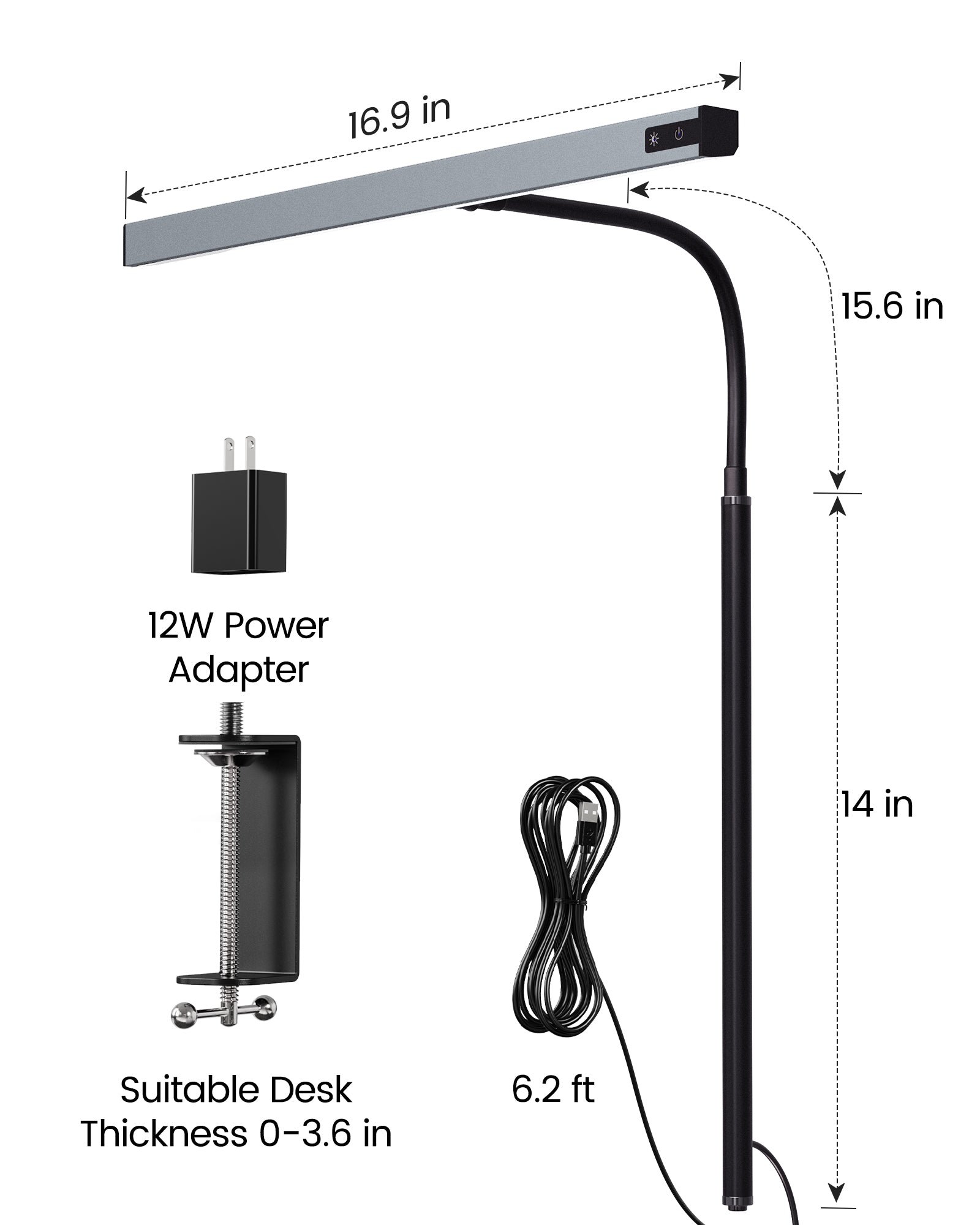 SUPERDANNY LED Desk Lamp for Home Office, Eye-Caring Desk Light with Adjustable Gooseneck, 12W Touch Control Dimmable Brightness, Architect Clamp Lamp with USB Adapter Grey