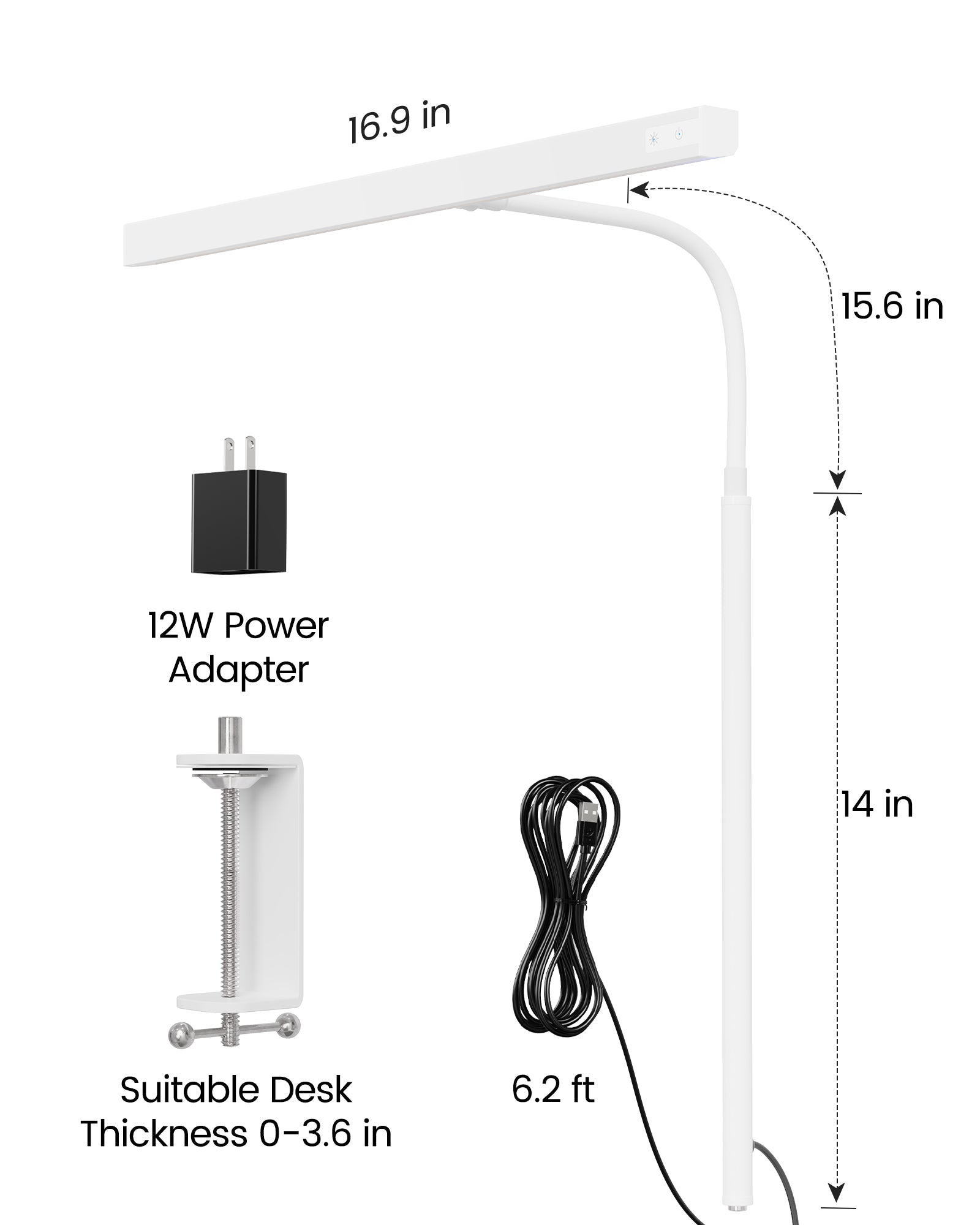 SUPERDANNY LED Desk Lamp for Office Home, Eye-Caring Desk Light with Adjustable Gooseneck, 12W Touch Control Dimmable Brightness, Architect Clamp Lamp with USB Adapter for Reading Study Workbench White