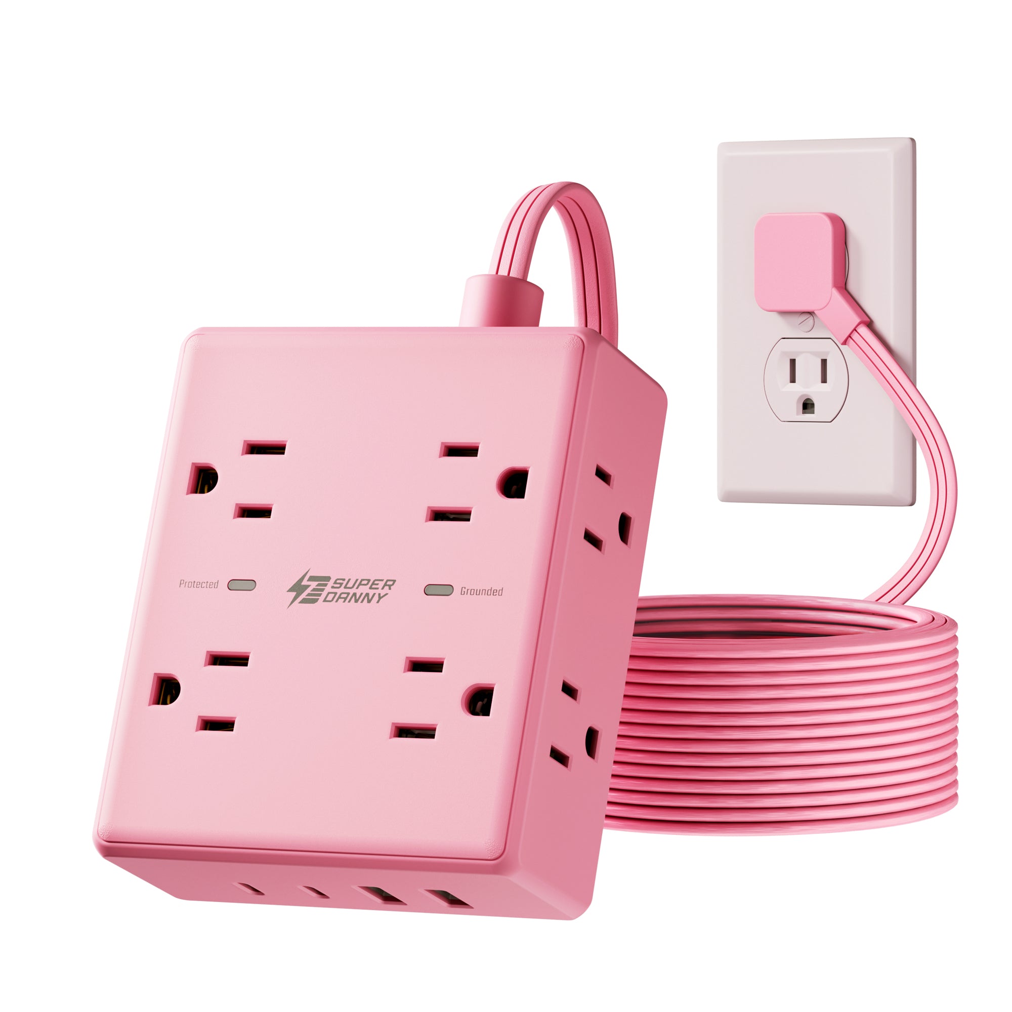 Pink Extension Cord 10Ft, Flat Plug Surge Protector Power Strip, 8 Outlets & 4 USB Ports (2 USB C), Cute Stuff Pink Room Decor, Home Office Kawaii Desk Accessories for Girls