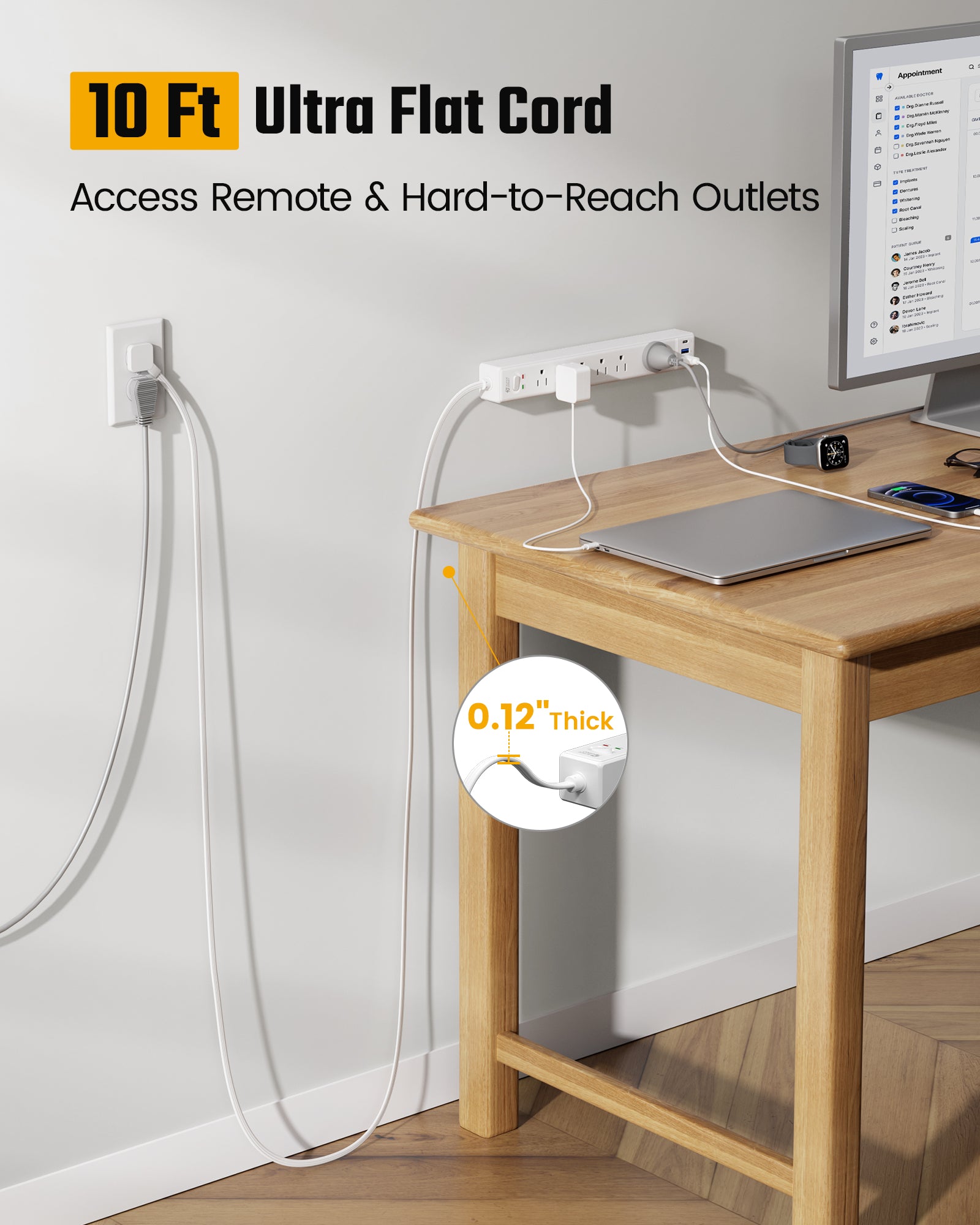10Ft Extension Cord with Multiple Outlets, SUPERDANNY Flat Plug Surge