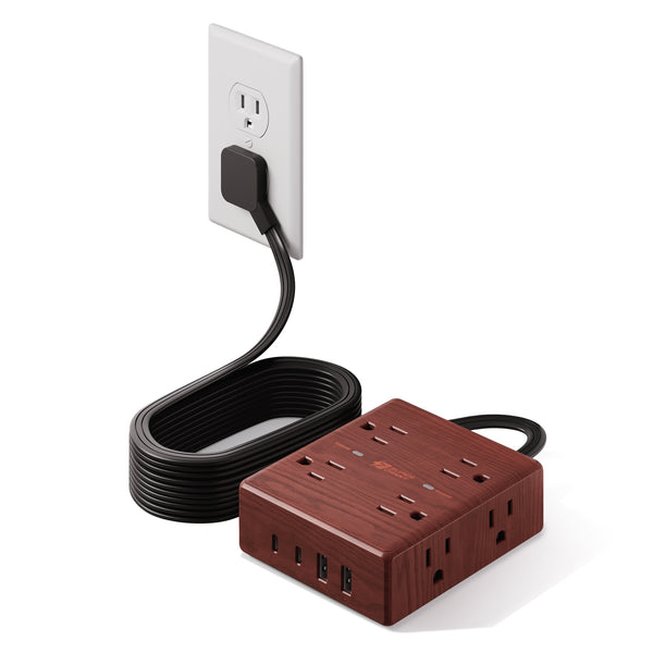 Brown Extension Cord 10Ft, Flat Plug Power Strip Surge Protector, 8 Outlet 4 USB Ports (2 USB C), Wall Mountable, Decorative Wood Charging Station for Home Office Desk Accessories —Walnut Wood