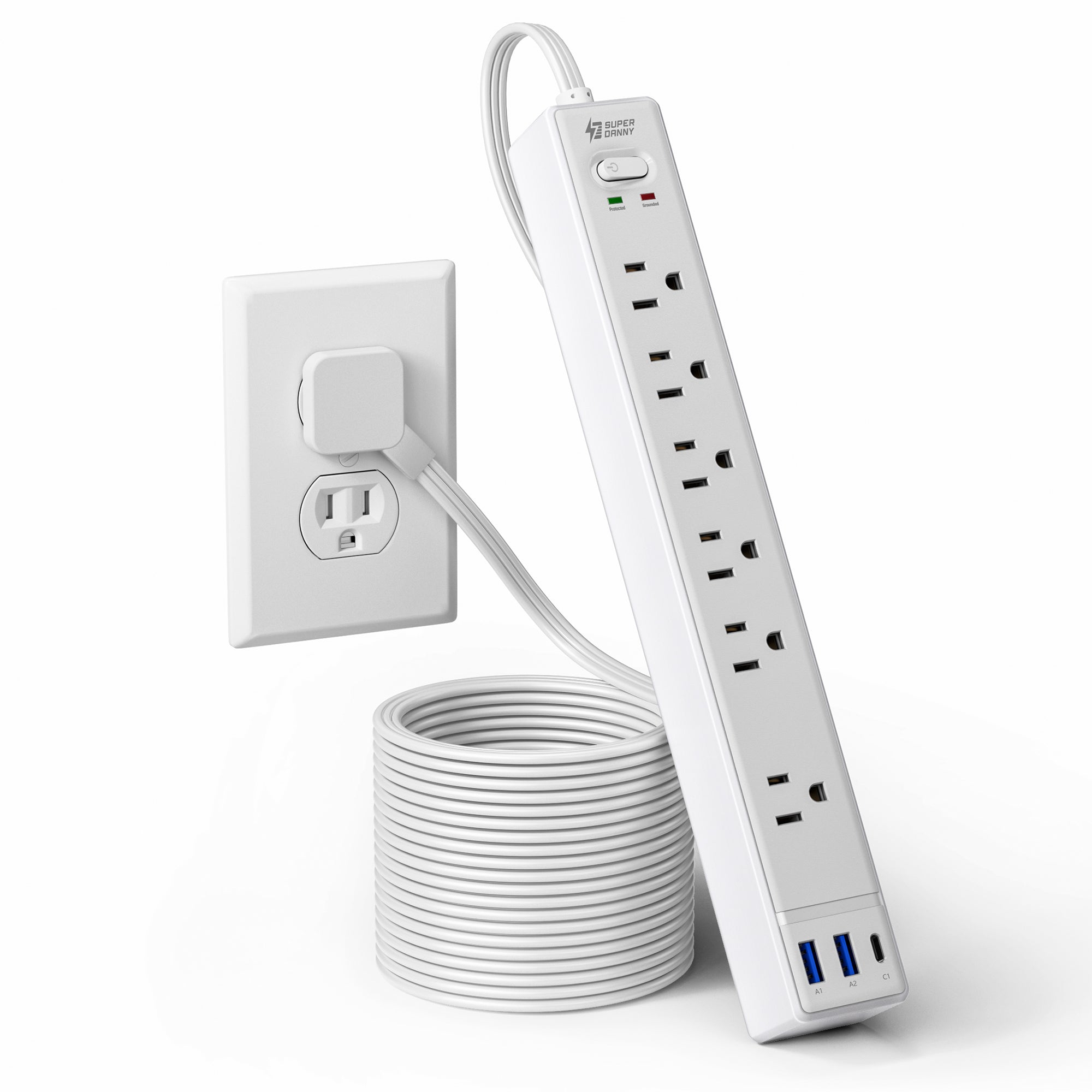 10Ft Extension Cord with Multiple Outlets, SUPERDANNY Flat Plug Surge