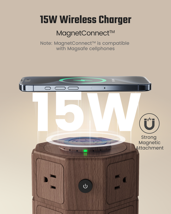 SUPERDANNY Power Strip Surge Protector Tower with 15W Wireless Charger, 13A Charging Station with 1050J Surge Protection, 8 AC Outlets+4 USB Ports (2 USB C) and 6.5ft Extension Cord for Home, Brown