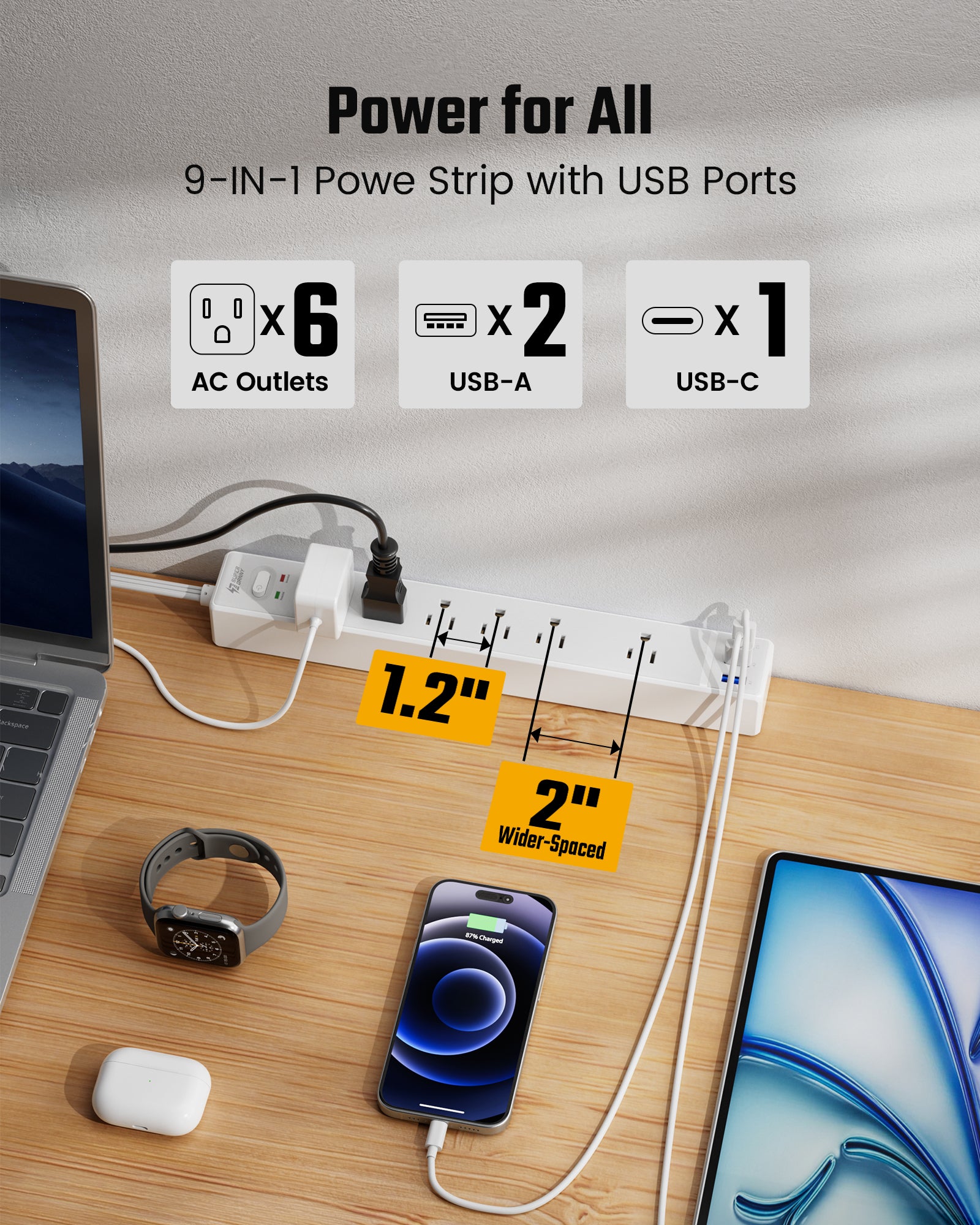 10Ft Extension Cord with Multiple Outlets, SUPERDANNY Flat Plug Surge
