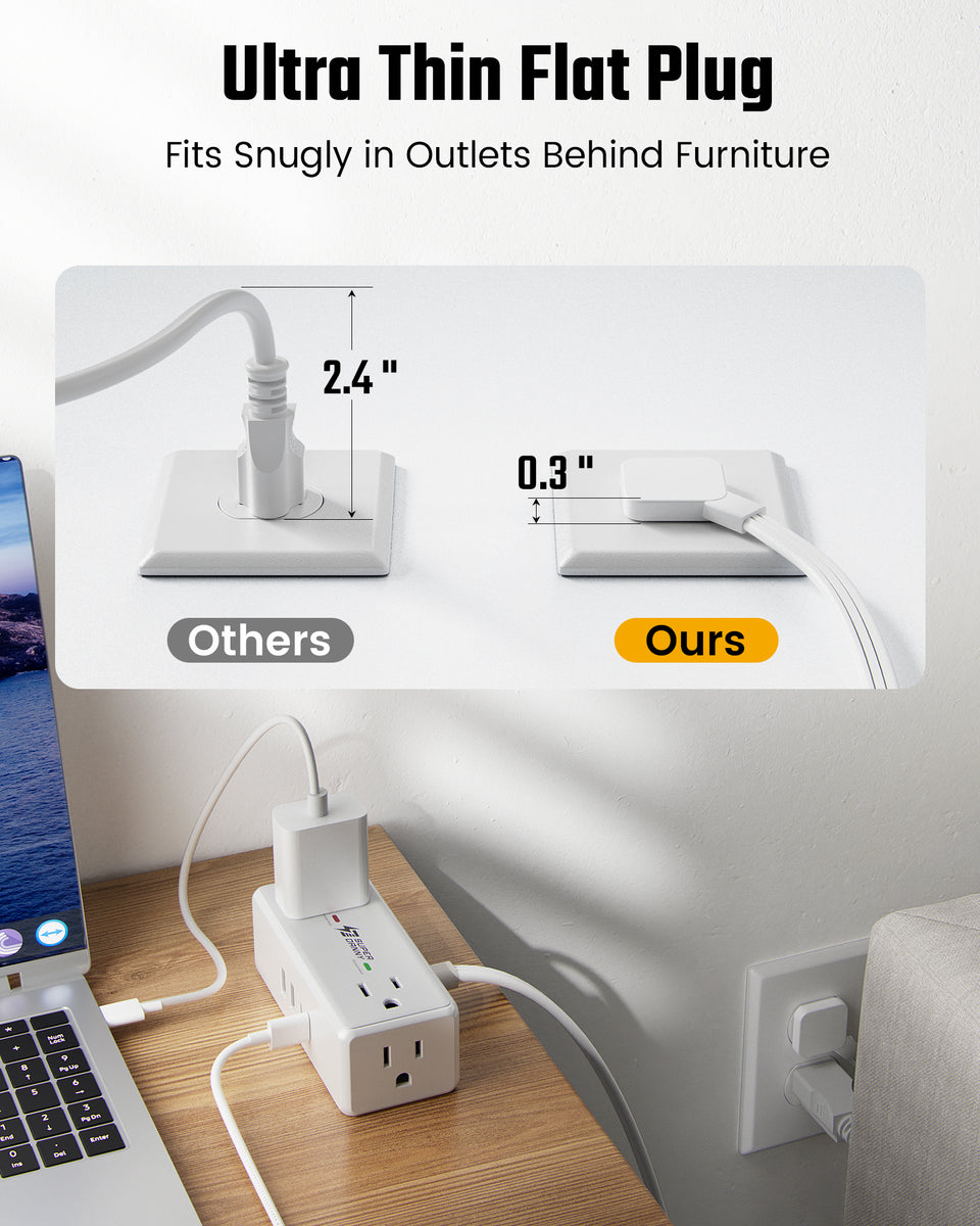 3Ft Extension Cord with Multiple Outlets, Flat Plug Surge Protector Po ...