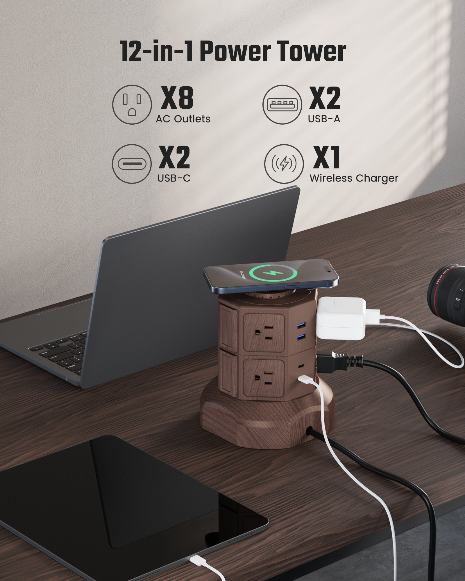 SUPERDANNY Power Strip Surge Protector Tower with 15W Wireless Charger, 13A Charging Station with 1050J Surge Protection, 8 AC Outlets+4 USB Ports (2 USB C) and 6.5ft Extension Cord for Home, Brown