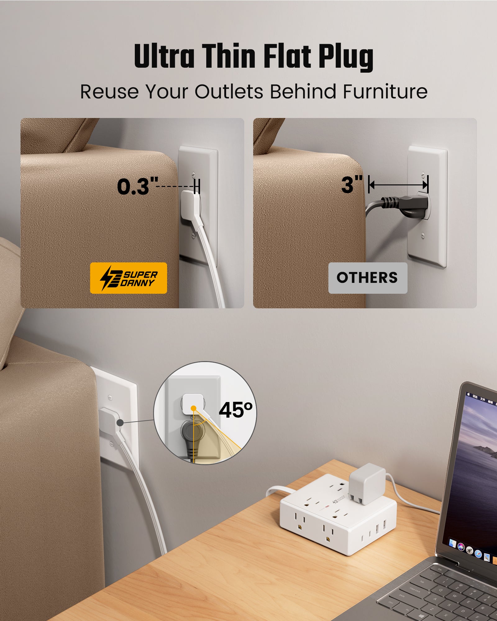 Extension Cord with Multiple Outlets, Flat Plug Surge Protector Power ...