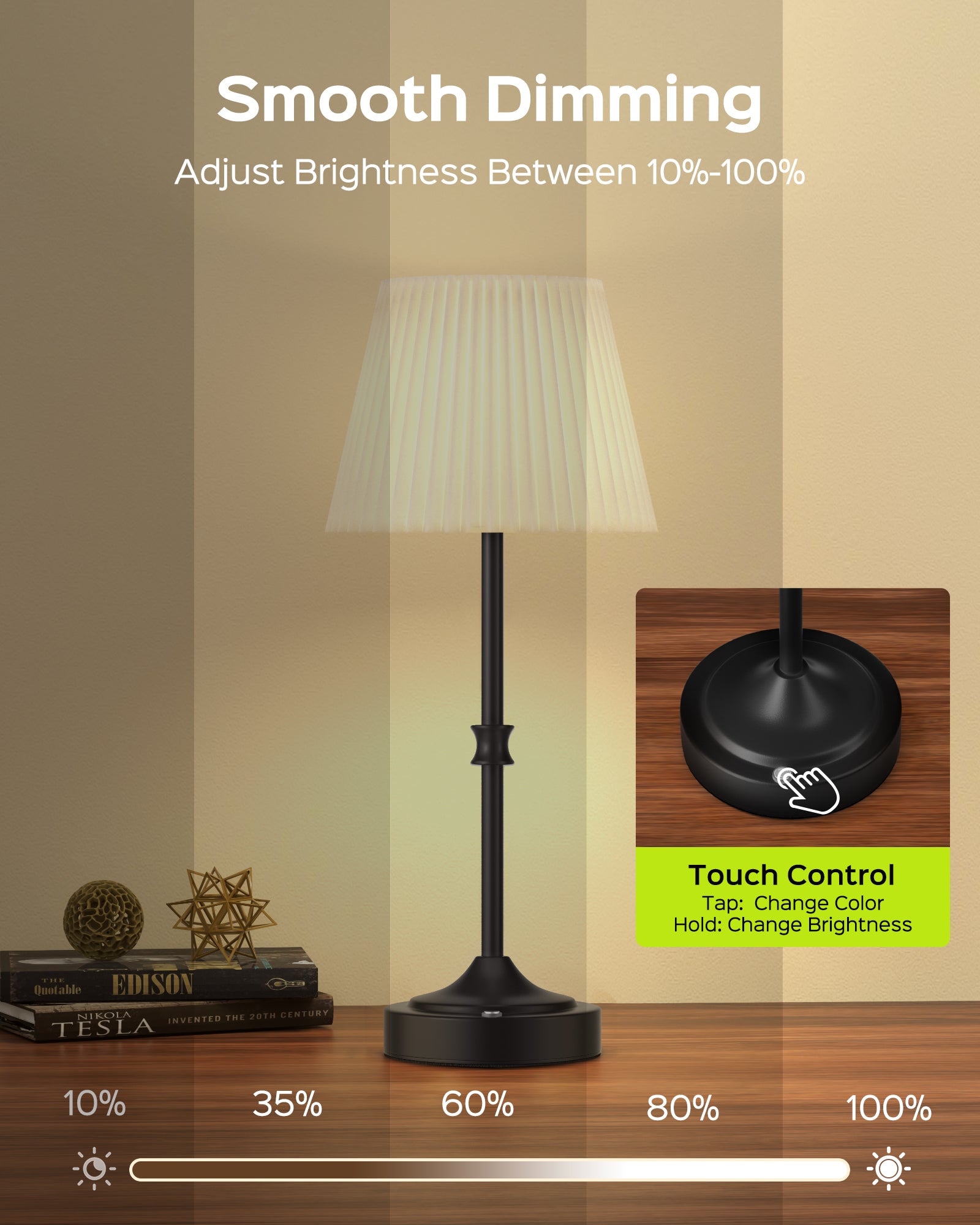 JACKYLED Cordless Table Lamp Portable, 3 Color Lights with Dimmer, 5400mAh Battery Operated Rechargeable, Wireless Lamp for Bedroom Living Room Kitchen, Fabric Shade LED Lamp
