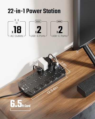 18 Outlet Surge Protector Power Strip with 2 USB C & 2 USB A