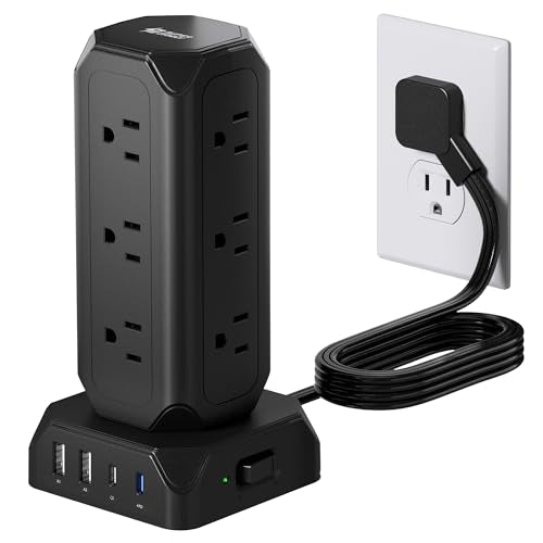 Tower Power Strip Flat Plug with 12 Outlets and 4 USB (PD 20W)