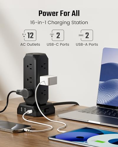 Tower Power Strip Flat Plug with 12 Outlets and 4 USB (PD 20W)