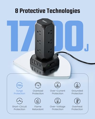 Tower Power Strip Flat Plug with 12 Outlets and 4 USB (PD 20W)