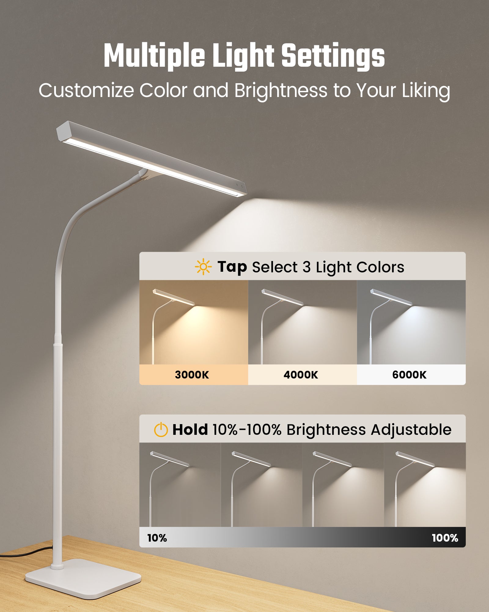 SUPERDANNY LED Desk Lamp for Home Office, Eye-Caring Desk Light with Base, 12W Touch Control 3 Colors Dimmable Brightness, Gooseneck Architect Lamp for Computer Monitor Reading Workbench, White