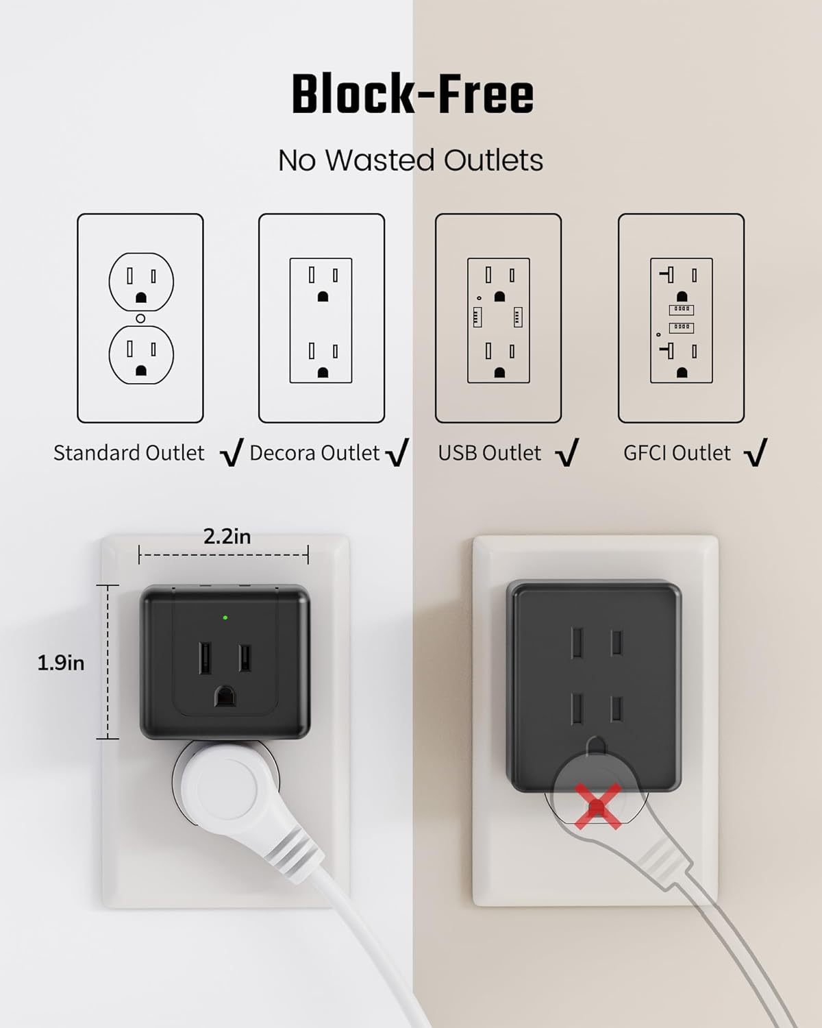 Multi Plug Outlet Extender 5-in-1 Wall Expander 2 Pack