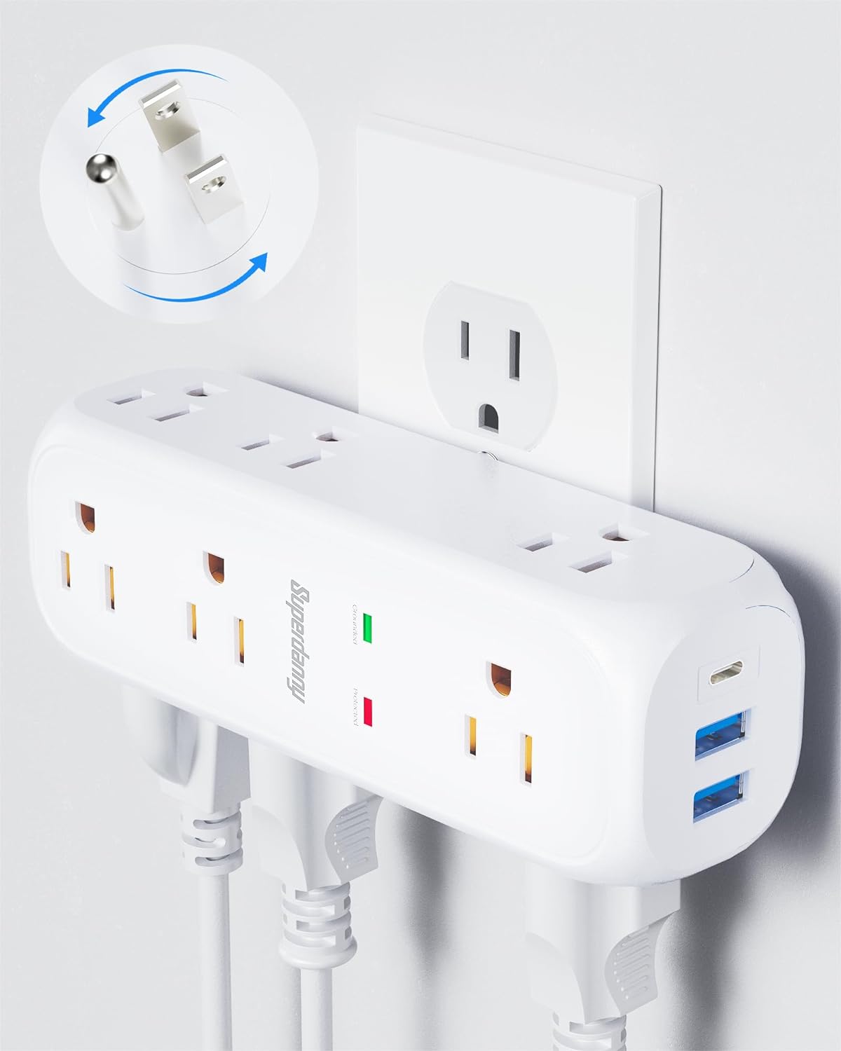 360° Rotating Surge Protector 9 AC Outlets 3 USB (1 USB C)