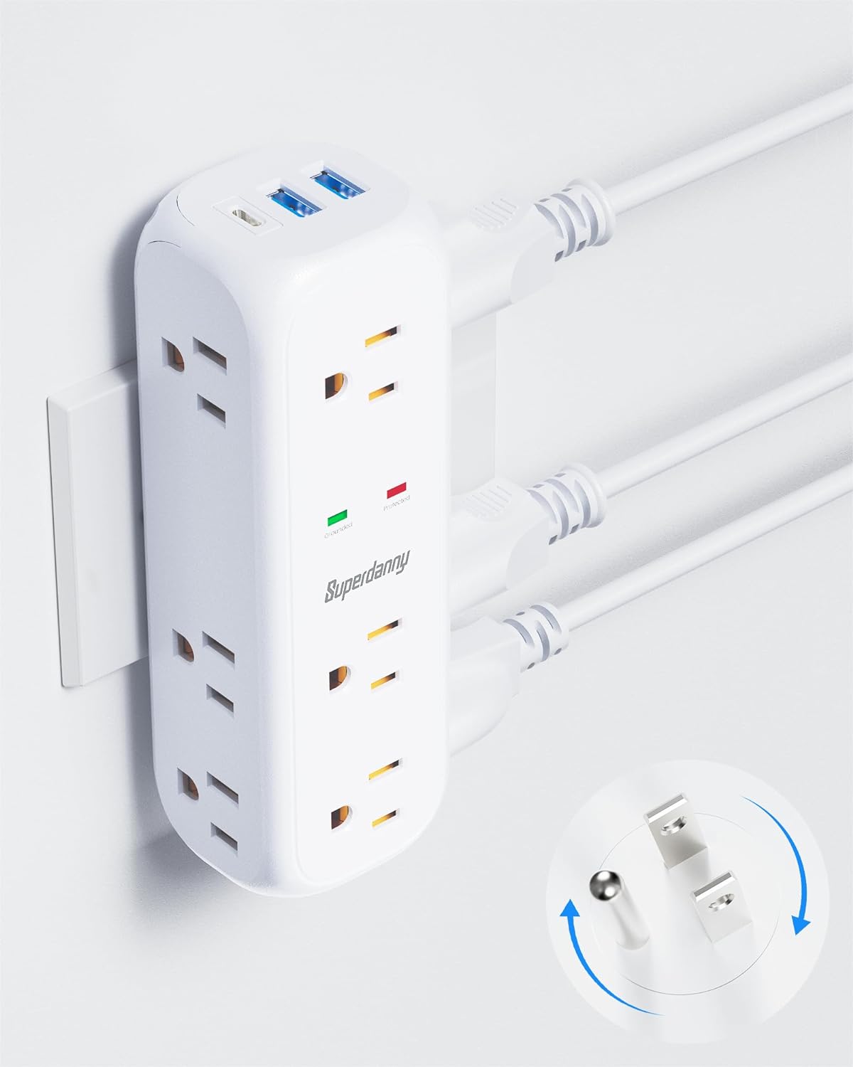 360° Rotating Surge Protector 9 AC Outlets 3 USB (1 USB C)