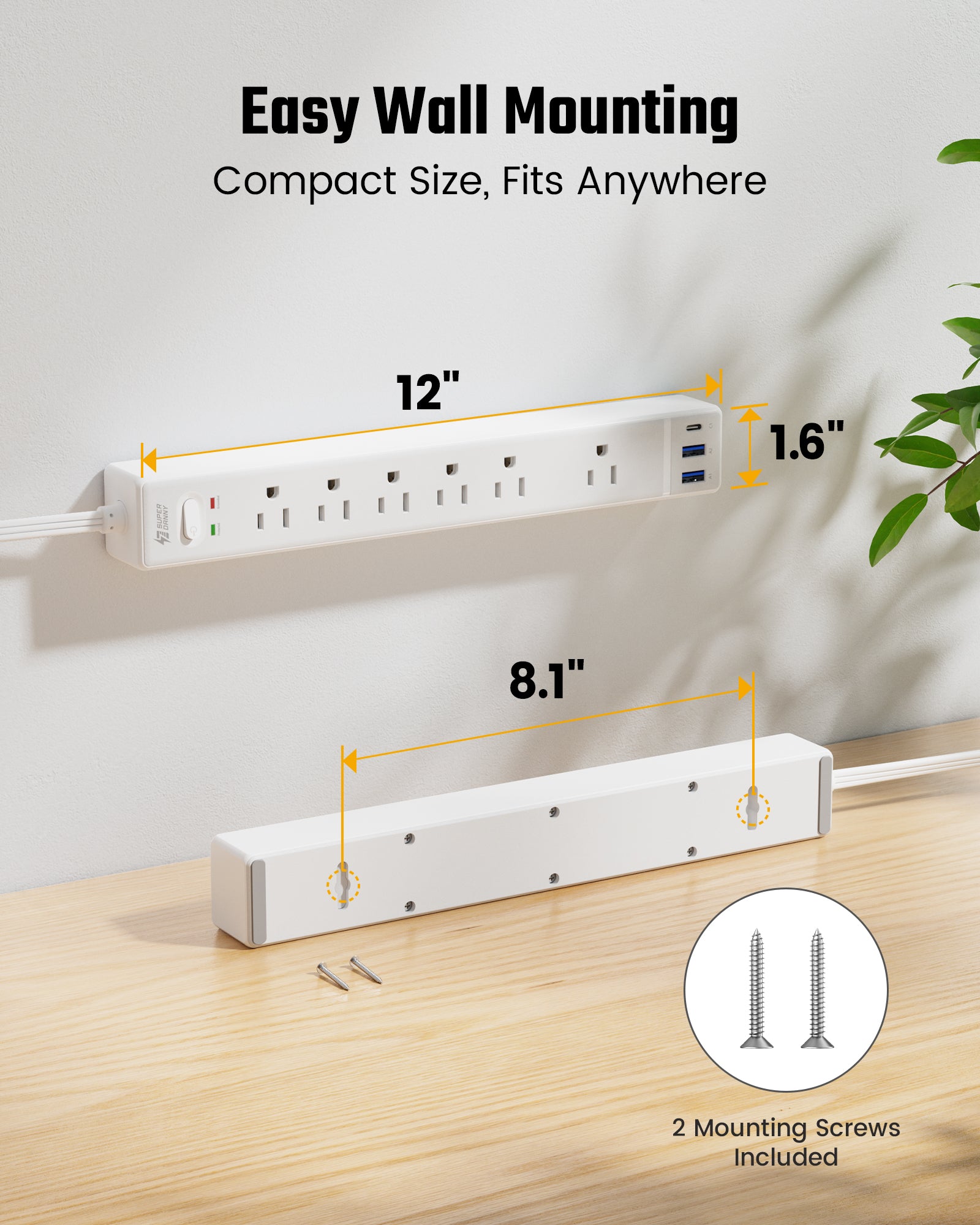 10Ft Extension Cord with Multiple Outlets, SUPERDANNY Flat Plug Surge