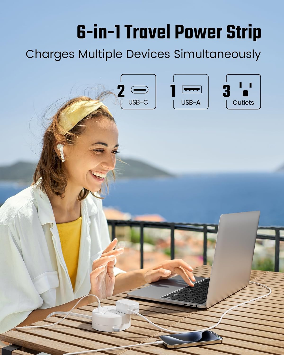 Travel Power Strip with 5ft Retractable 3-AC & 3-USB Fast Charging