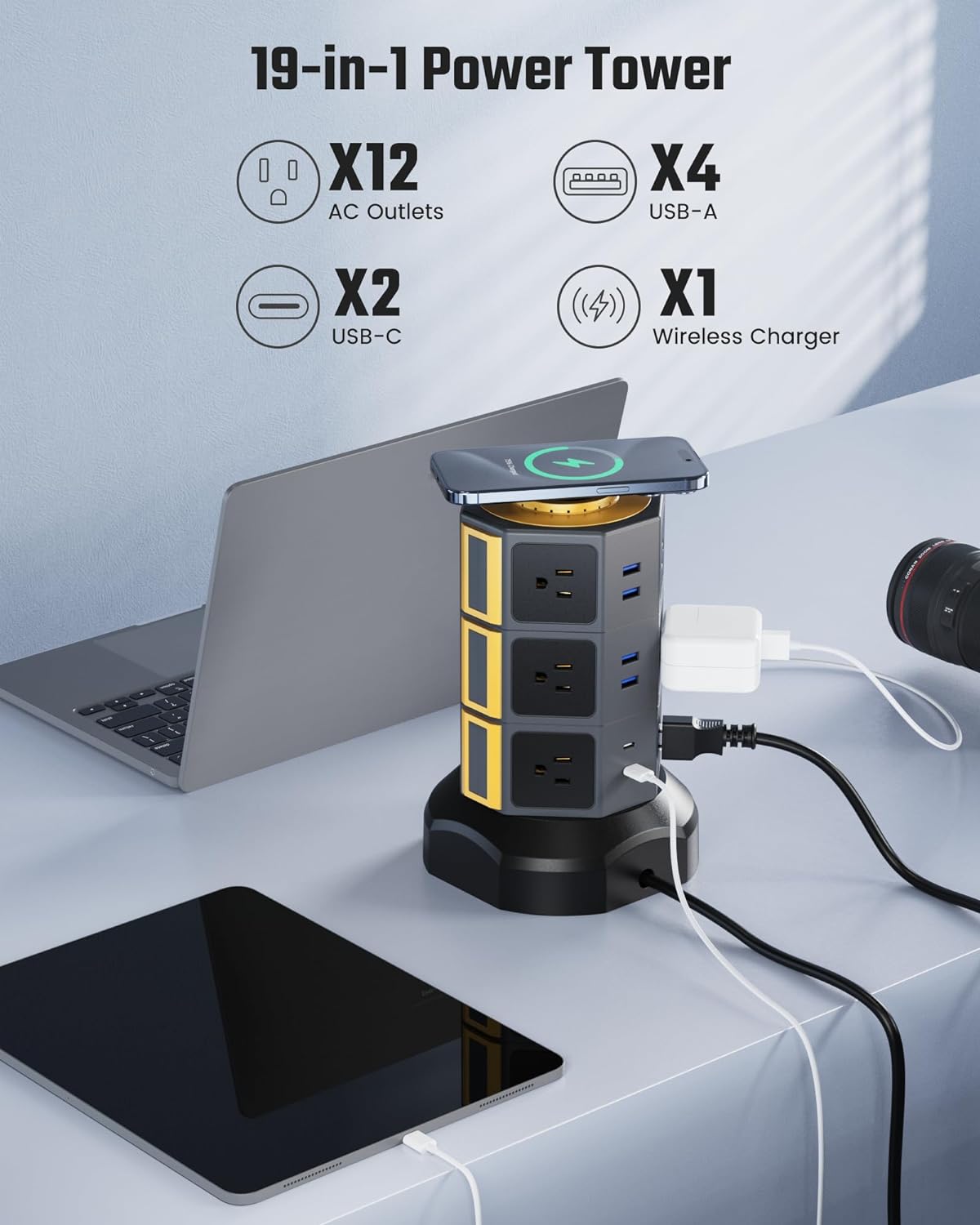 12 AC Outlets Power Strip Tower with 15W Wireless Charger, 1050J