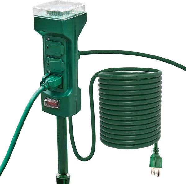 Outdoor Power Stake Timer with 10ft Extension Cord & 6 AC Outlets