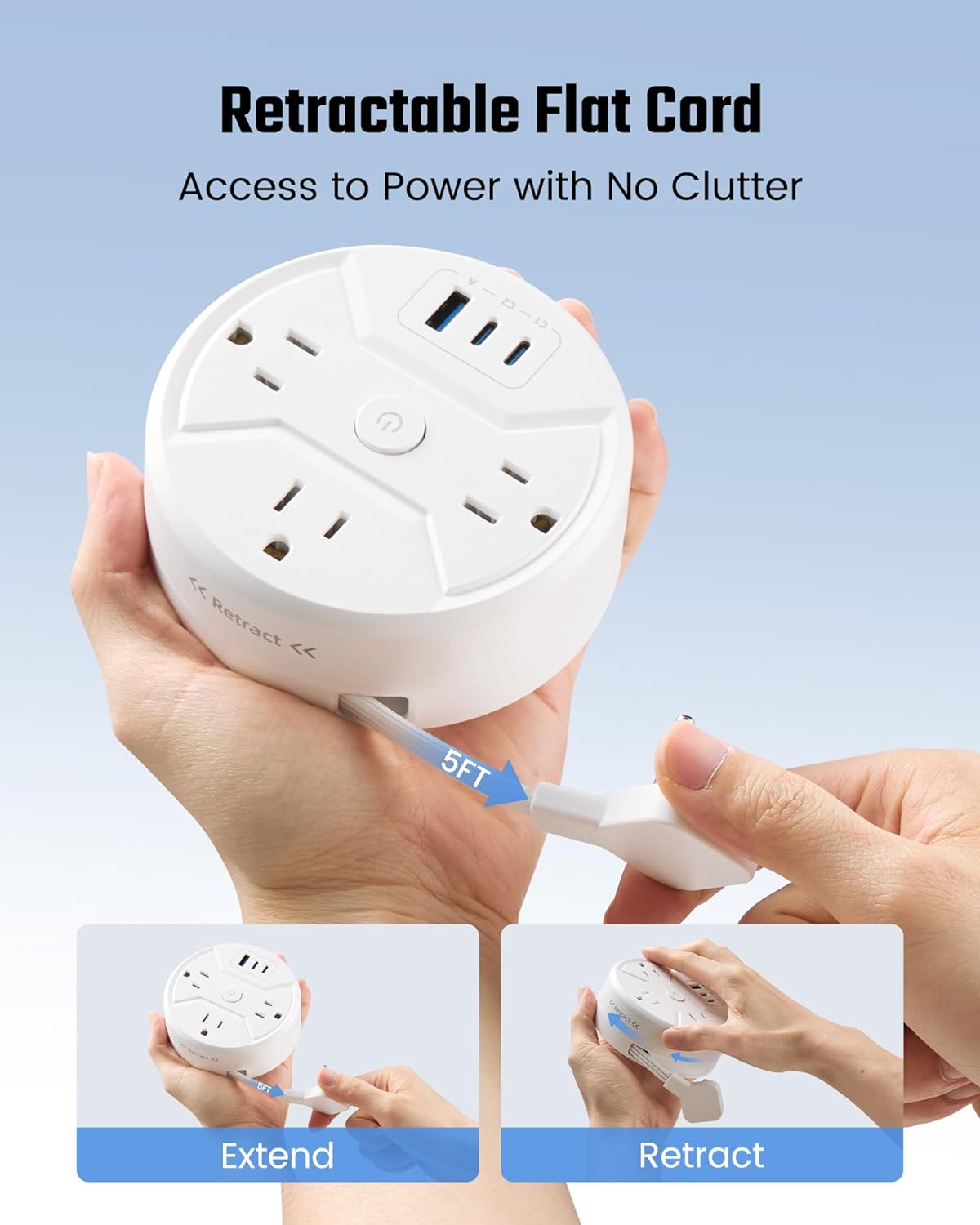 Travel Power Strip with 5ft Retractable 3-AC & 3-USB Fast Charging