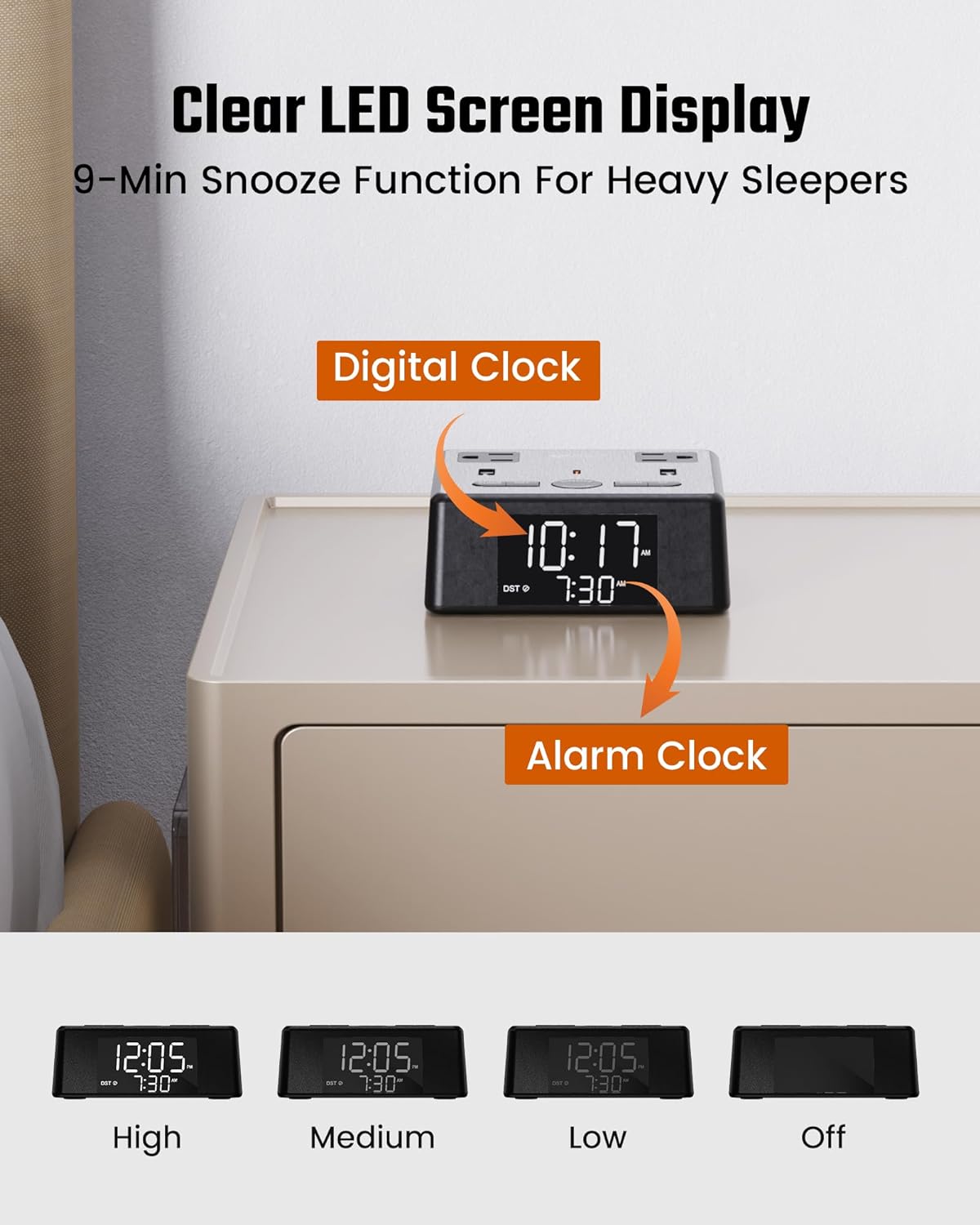 Half Display Alarm Clock Charger Power Strip Surge Protector