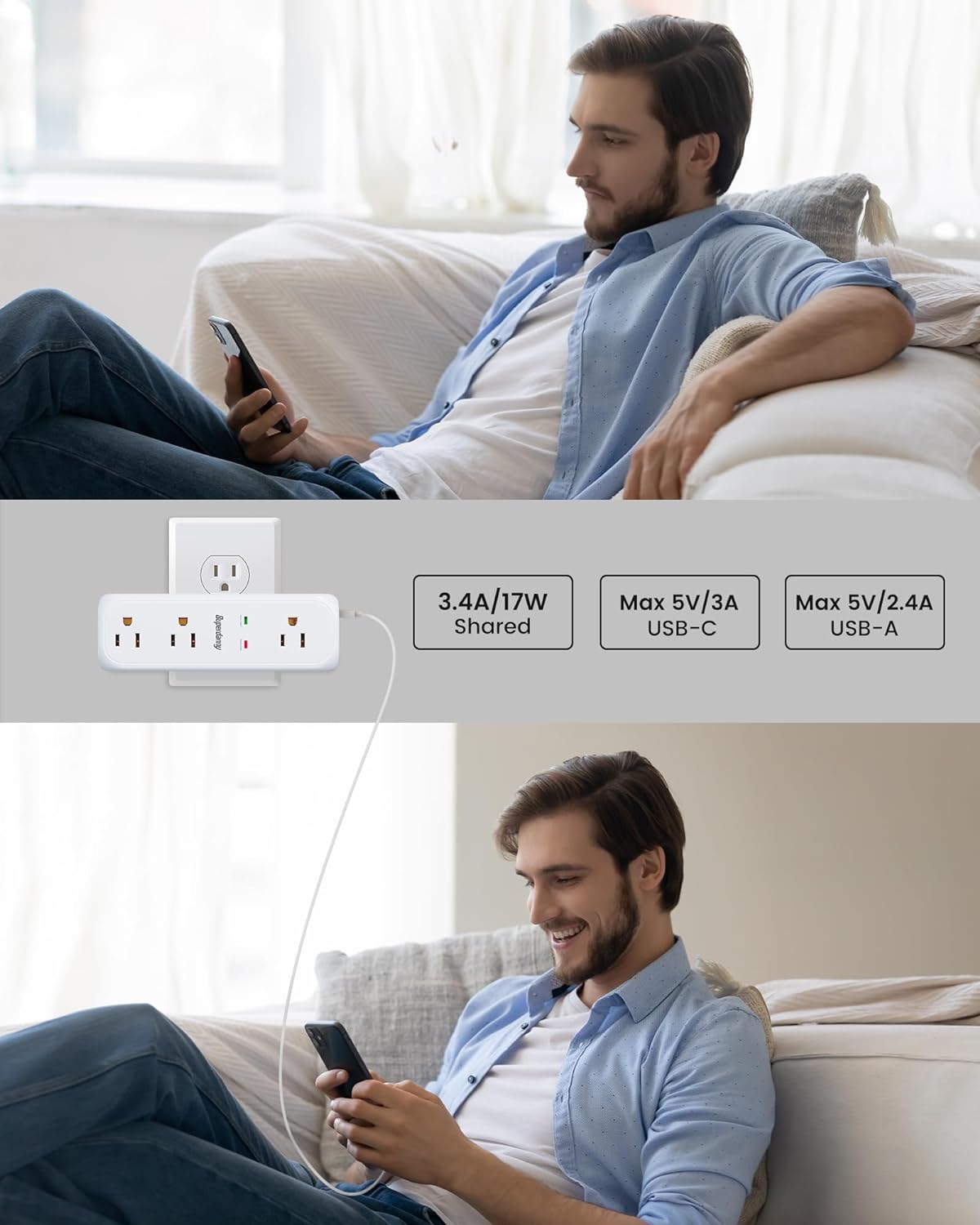 360° Rotating Surge Protector 9 AC Outlets 3 USB (1 USB C)