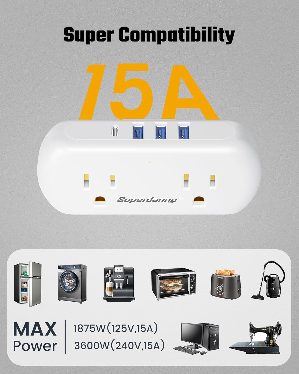 Multi Plug Outlet Extender with 2 AC Outlets and 4 USB Port