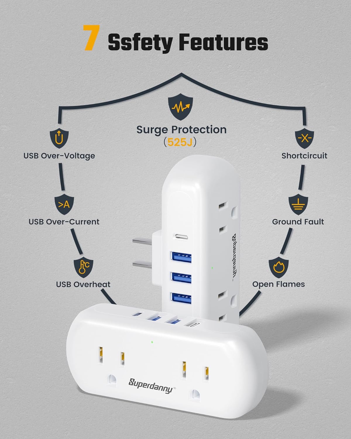 Multi Plug Outlet Extender with 2 AC Outlets and 4 USB Port