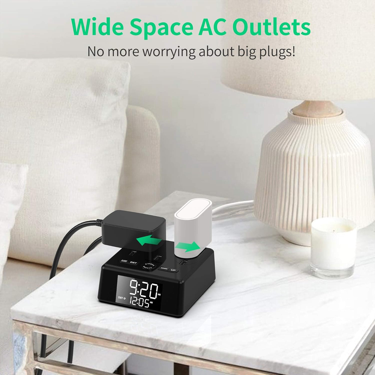 Half Display Alarm Clock Charger Power Strip Surge Protector