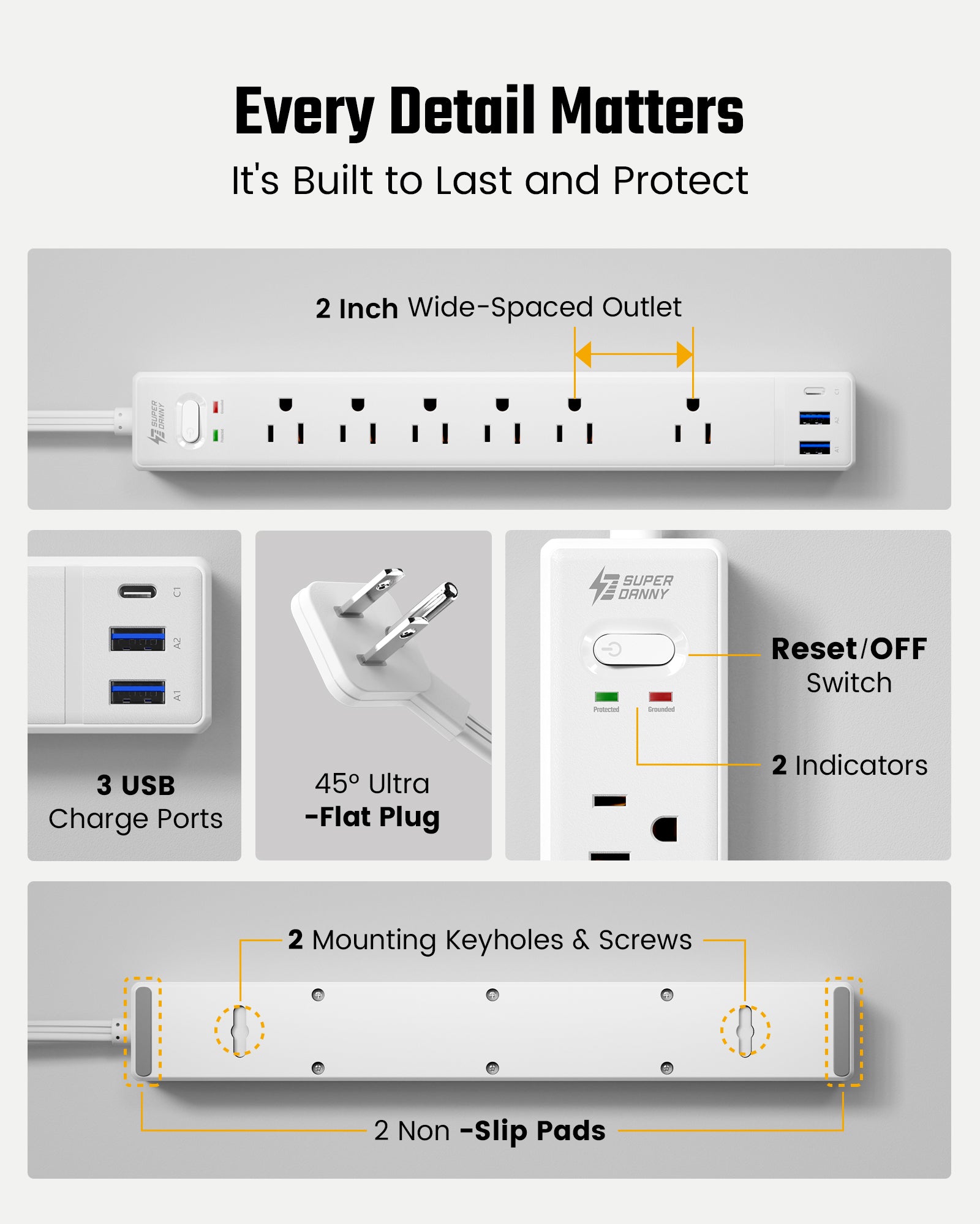 10Ft Extension Cord with Multiple Outlets, SUPERDANNY Flat Plug Surge