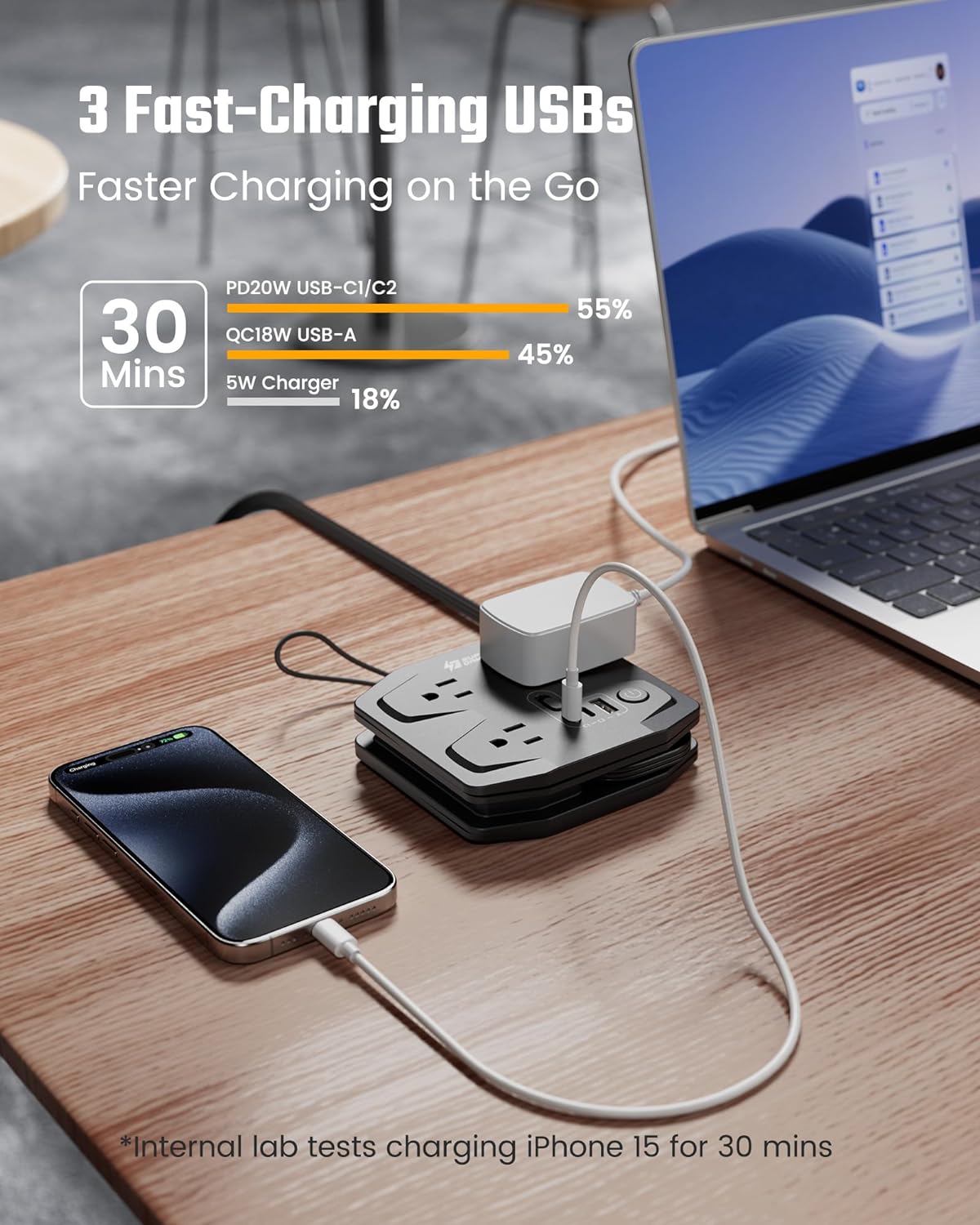 Travel Power Strip Wrap Up Extension Cord 3 Fast Charging USBs