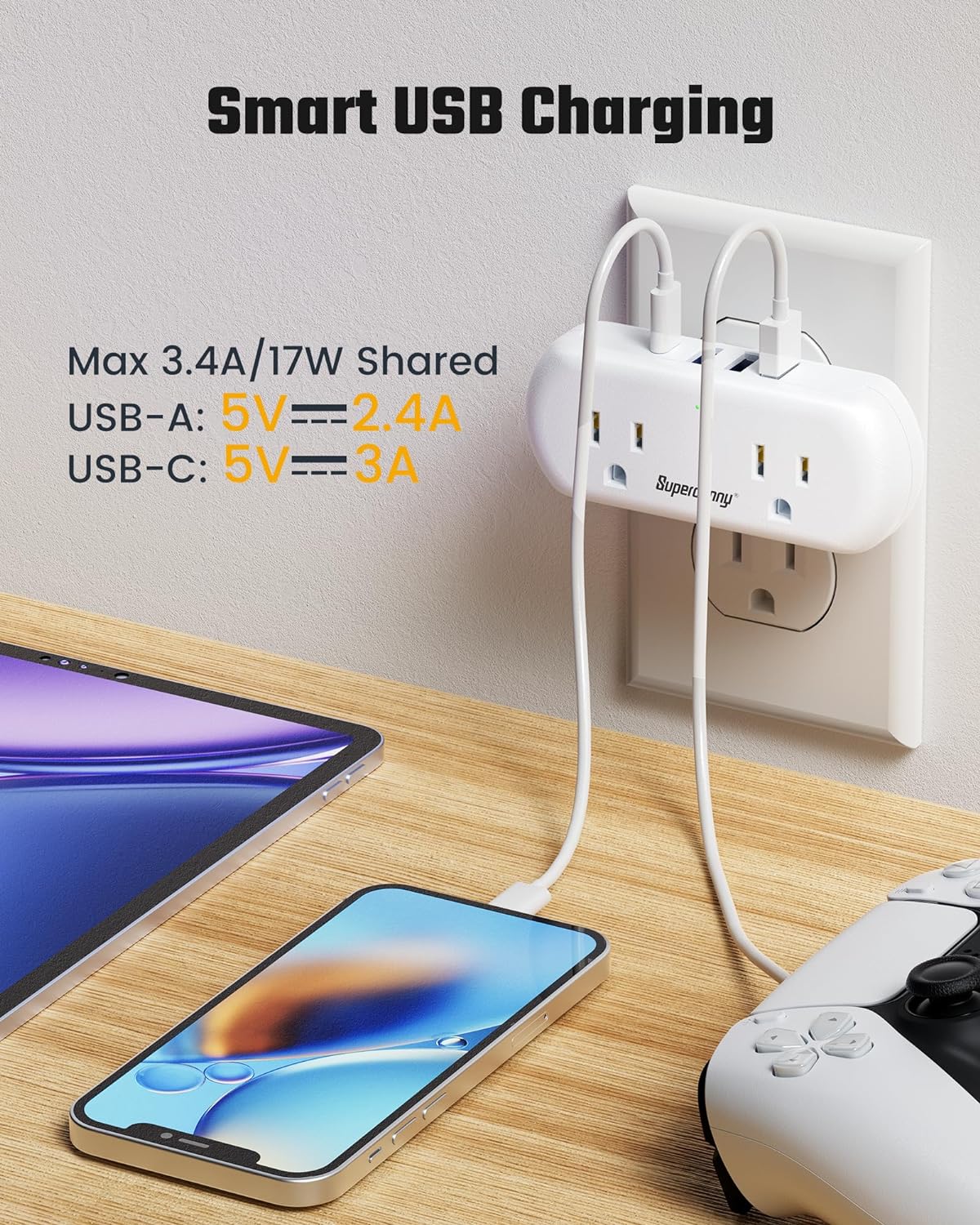 Multi Plug Outlet Extender with 2 AC Outlets and 4 USB Port