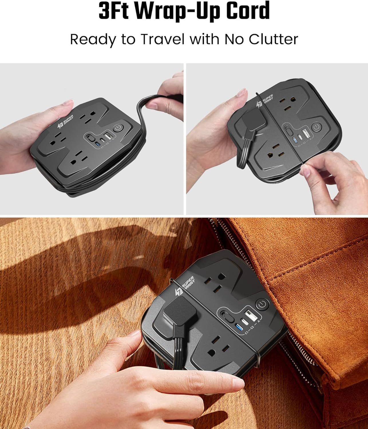 Travel Power Strip Wrap Up Extension Cord 3 Fast Charging USBs