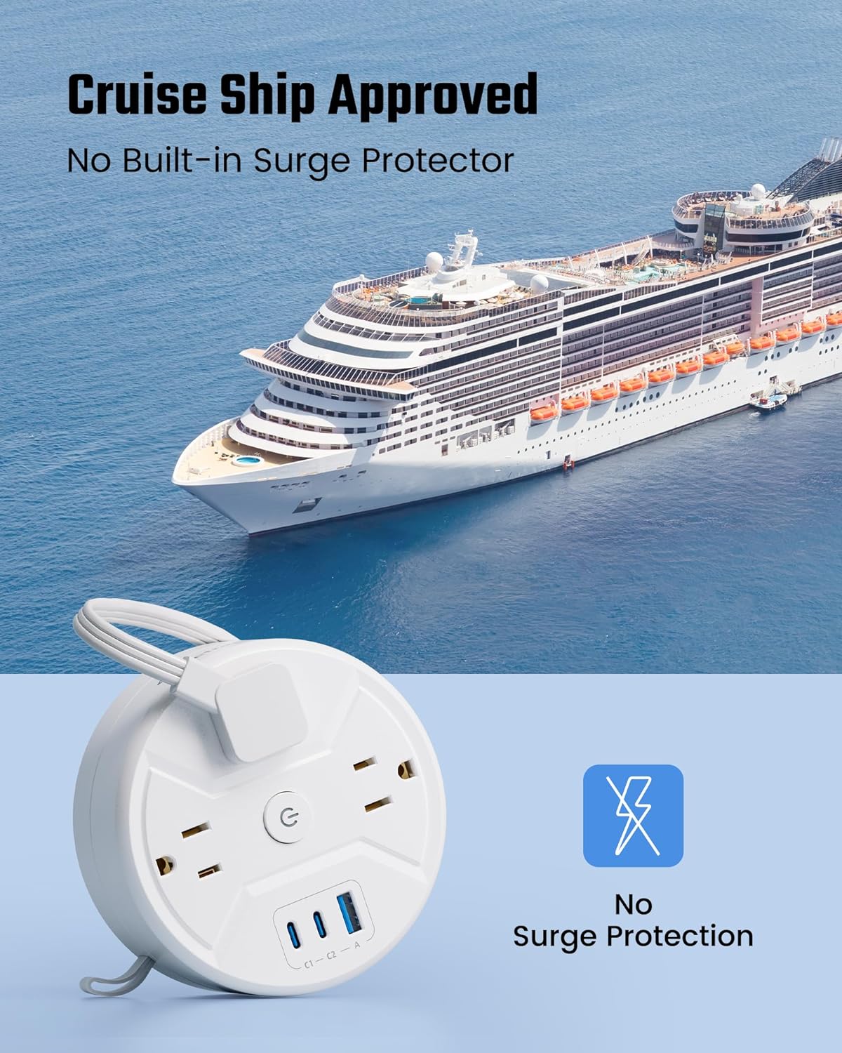 Travel Power Strip with 5ft Retractable 3-AC & 3-USB Fast Charging