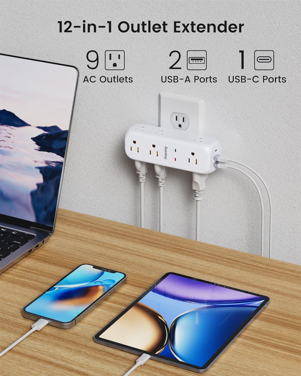 360° Rotating Surge Protector 9 AC Outlets 3 USB (1 USB C)