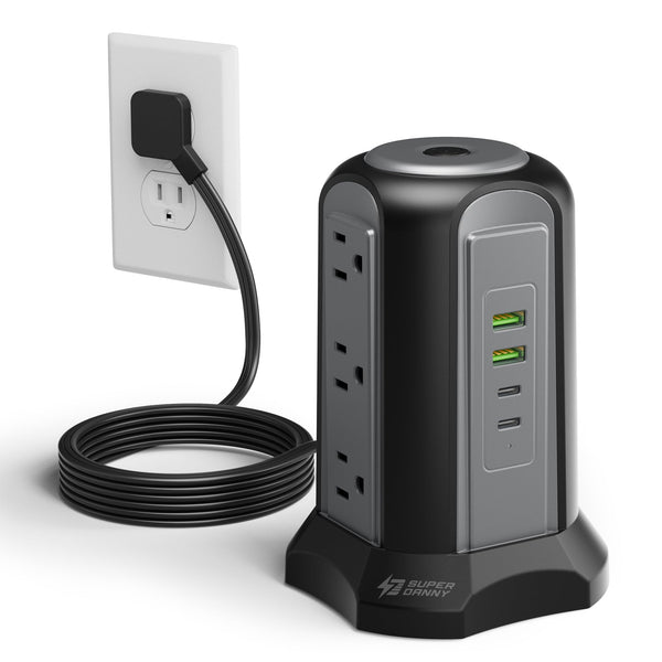 Power Strip Tower Surge Protector, SUPERDANNY Desktop Charging Station, Flat Plug Extension Cord, 9 Outlets, 4 USB (2 USB-C), 1080J, Multiple Protections Outlet Extender for Home, Office, Dorm