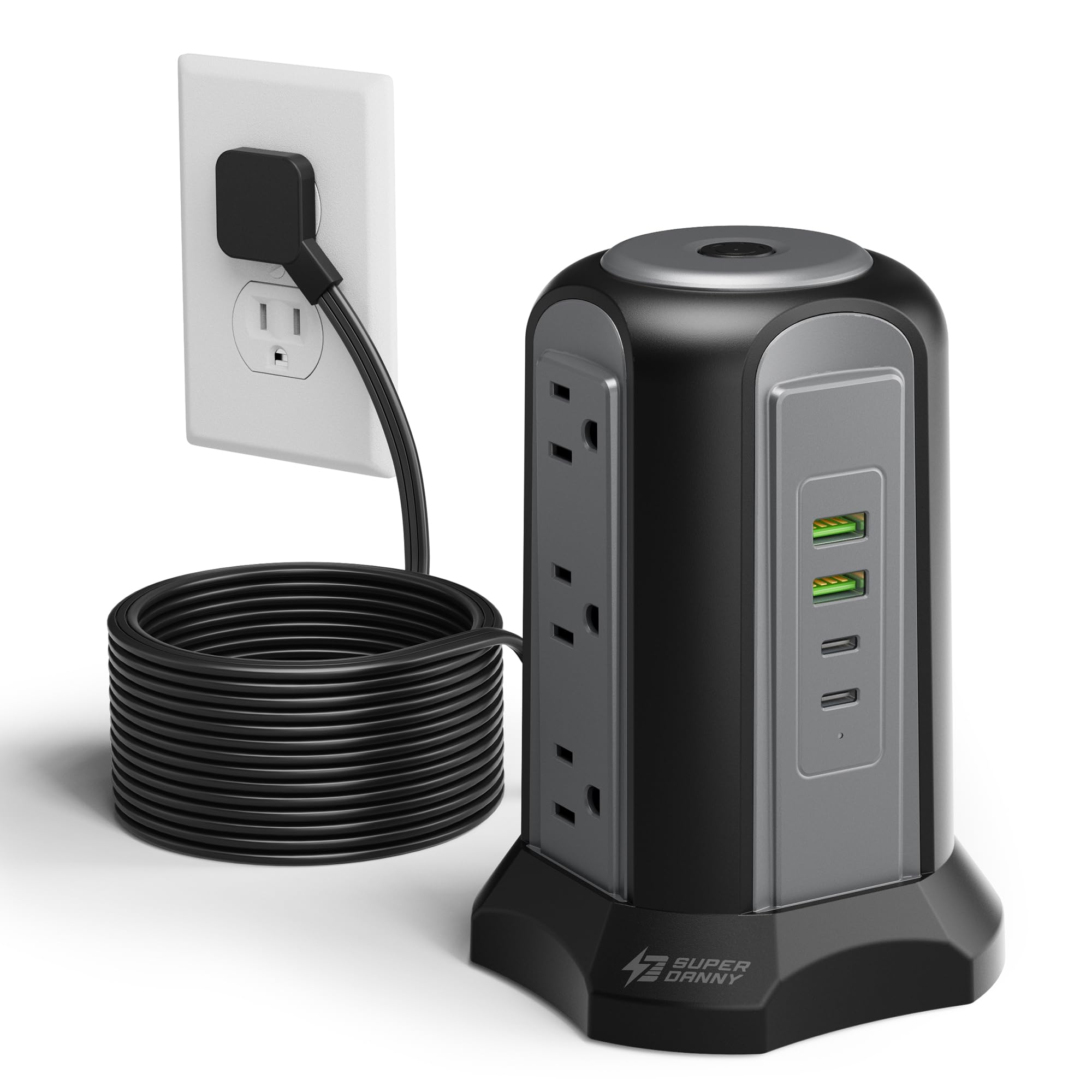 Power Strip Tower Surge Protector, SUPERDANNY Desktop Charging Station, Flat Plug Extension Cord, 9 Outlets, 4 USB (2 USB-C), 1080J, Multiple Protections Outlet Extender for Home, Office, Dorm