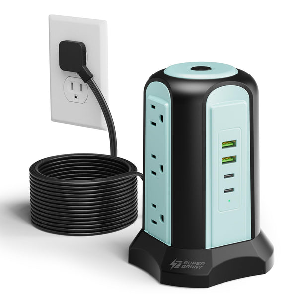 15Ft Long Extension Cord Power Strip Tower Surge Protector, Desktop Charging Station with Multiple Outlets, 9 Outlets, 4 USB (2 USB-C), 1080J Multiple Protections Outlet Extender for Home Office Blue