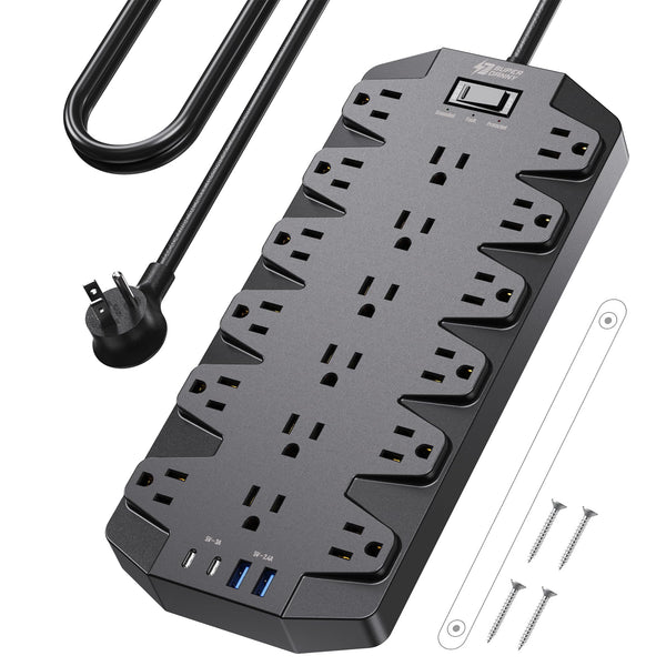 Power Bar with Surge Protector, SUPERDANNY 18 Widely-Spaced AC Outlets and 2 USB 2 C Ports, 2100 Joules, 1875W/15A, 6.5Ft Flat Plug Extension Cord, Wall Mountable for Home, Office, Dorm, Black