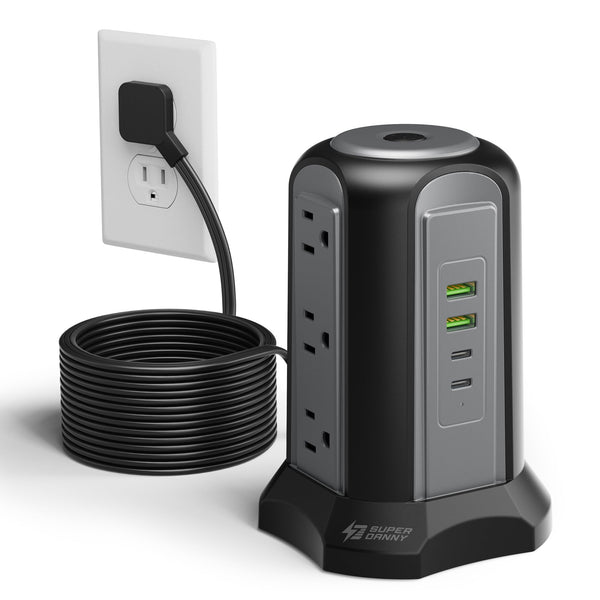 15Ft Extension Cord Power Strip Tower Surge Protector, Desktop Charging Station with Multiple Outlets, 9 Outlets, 4 USB (2 USB-C), 1080J, Multiple Protections Outlet Extender for Home, Office, Dorm