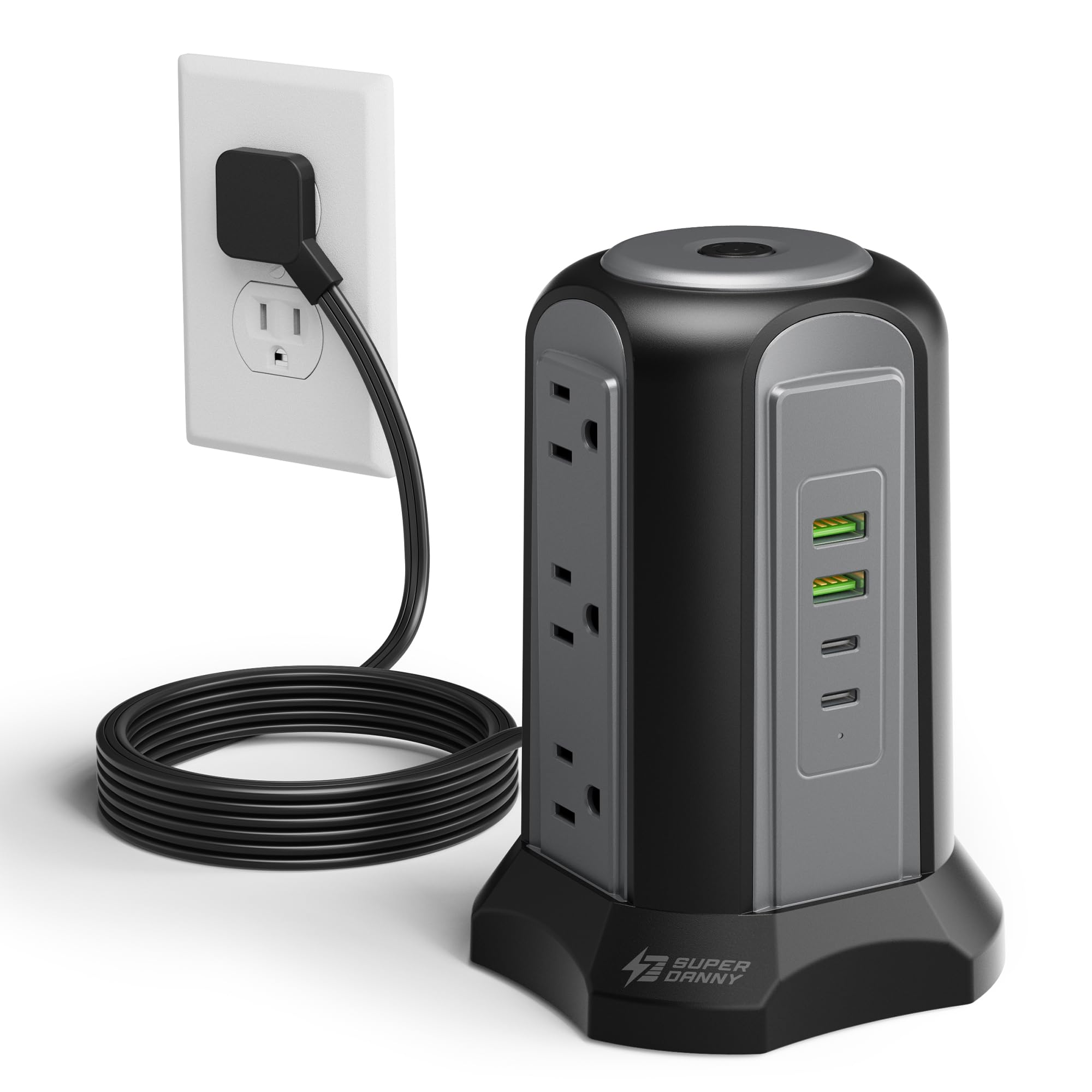 Power Strip Tower Surge Protector, SUPERDANNY Desktop Charging Station, Flat Plug Extension Cord, 9 Outlets, 4 USB (2 USB-C), 1080J, Multiple Protections Outlet Extender for Home, Office, Dorm