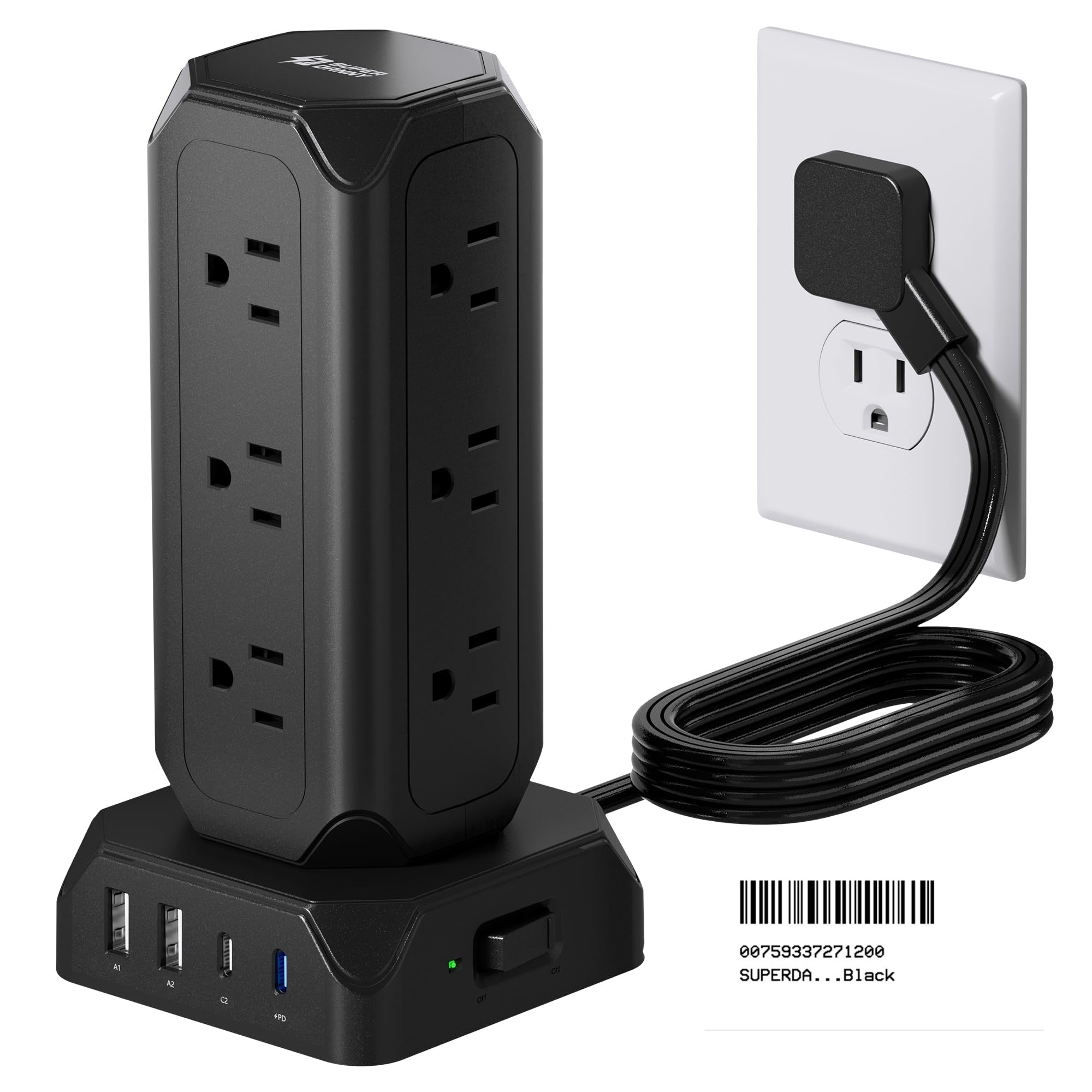 Tower Power Strip Flat Plug with 12 Outlets and 4 USB (PD 20W)