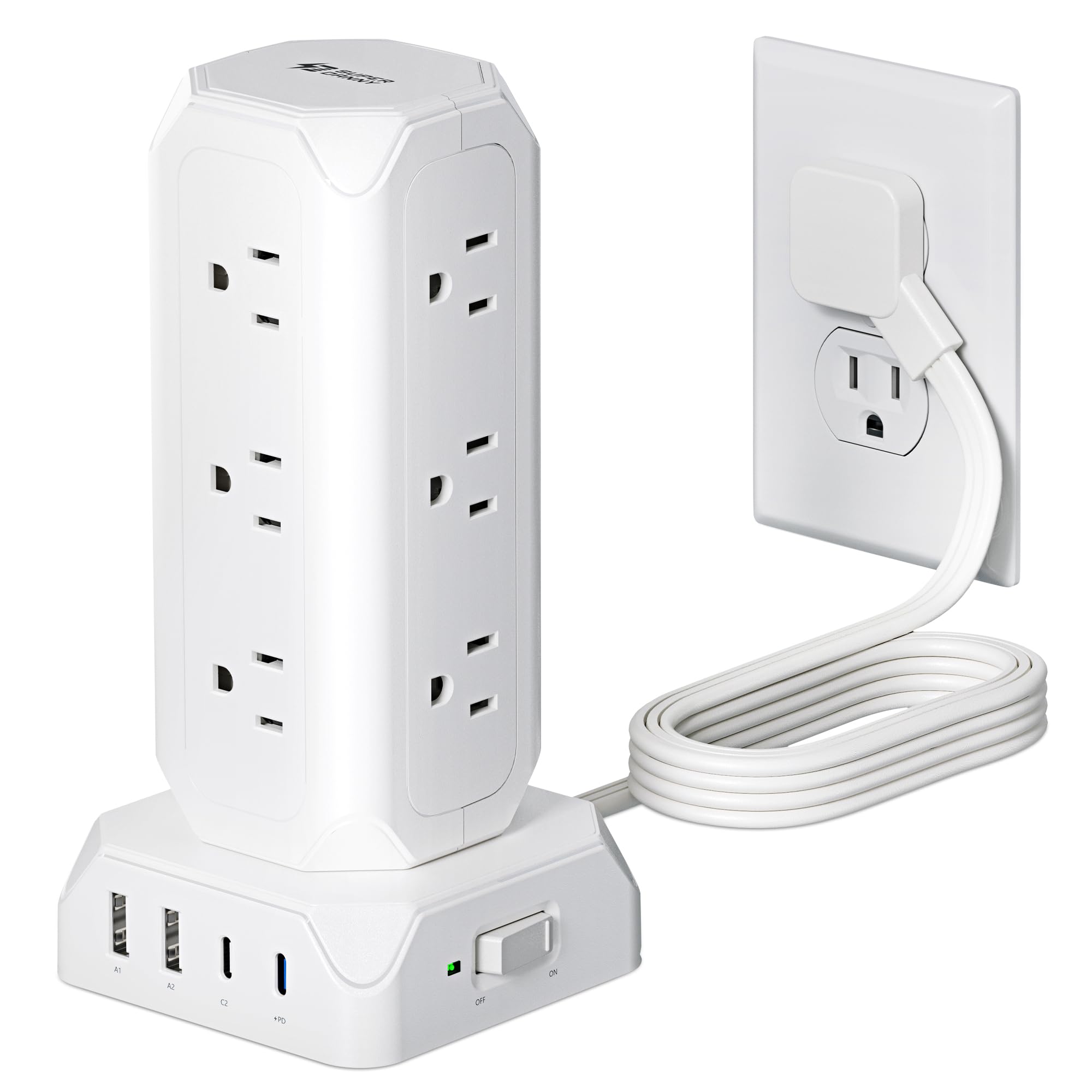Tower Power Strip Flat Plug with 12 Outlets and 4 USB (PD 20W)