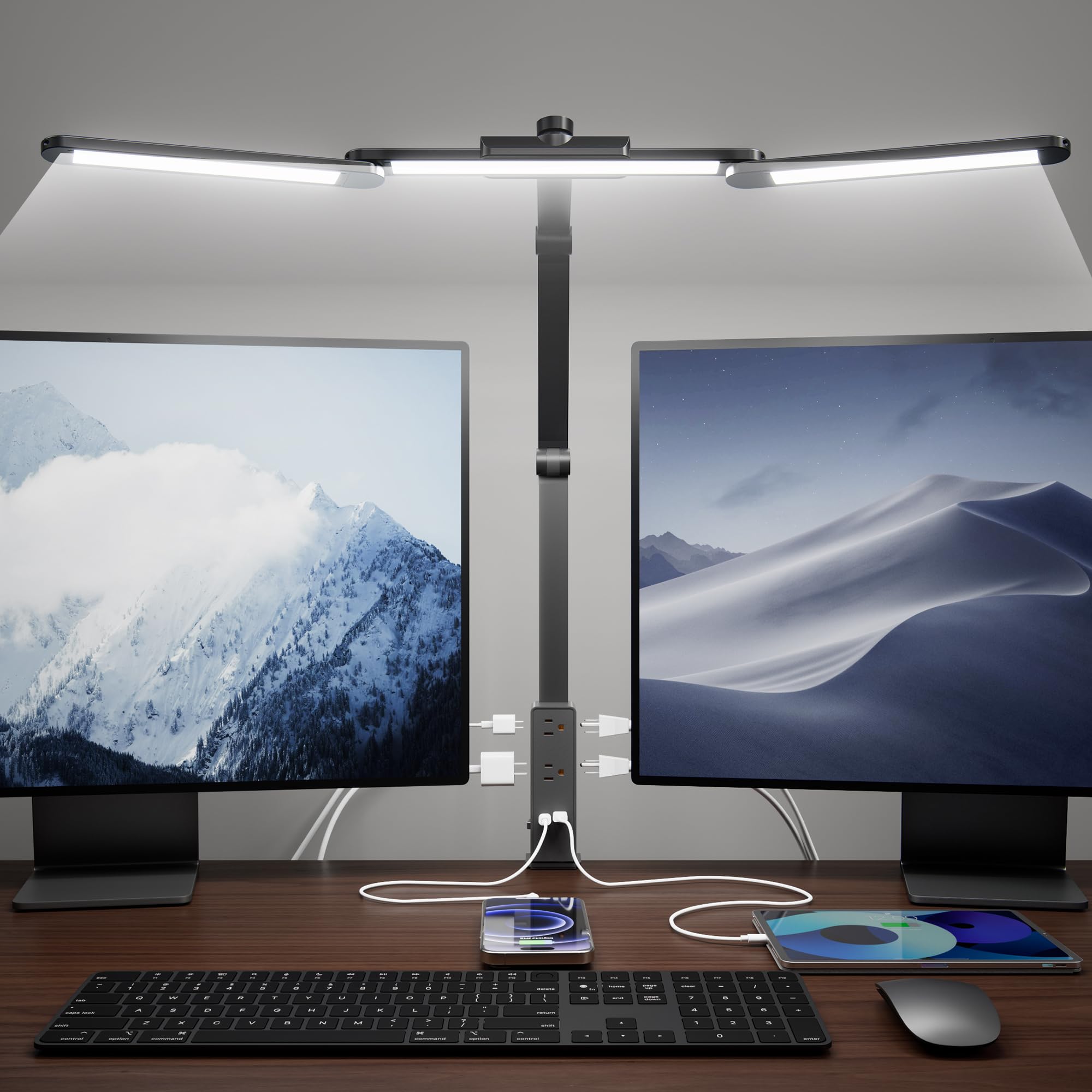SUPERDANNY LED Desk Lamp with Power Strip (6 Outlets, 1 USB, 1 Type-C) for Home Office, Desk Light Computer Light with Clamp, Architect Desk Lamp with Smooth Dimming 5 Colors Touch & Wave Control