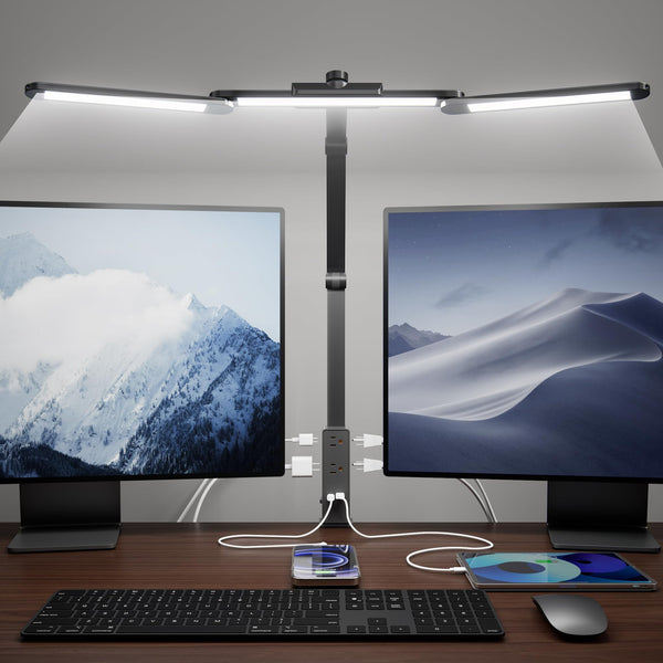 SUPERDANNY LED Desk Lamp with Power Strip (6 Outlets, 1 USB, 1 Type-C) for Home Office, Desk Light Computer Light with Clamp, Architect Desk Lamp with Smooth Dimming 5 Colors Touch & Wave Control