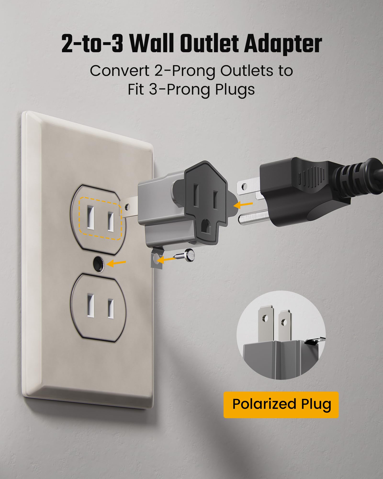 2 Prong to 3 Prong Outlet Adapter, ETL Listed 3-2 Prong Adapter, Fire-Retardant (392℉) PBT Material, Heavy Duty Wall Plug Adapter for Old Homes, Travel to Japan, Gray (10-Pack)