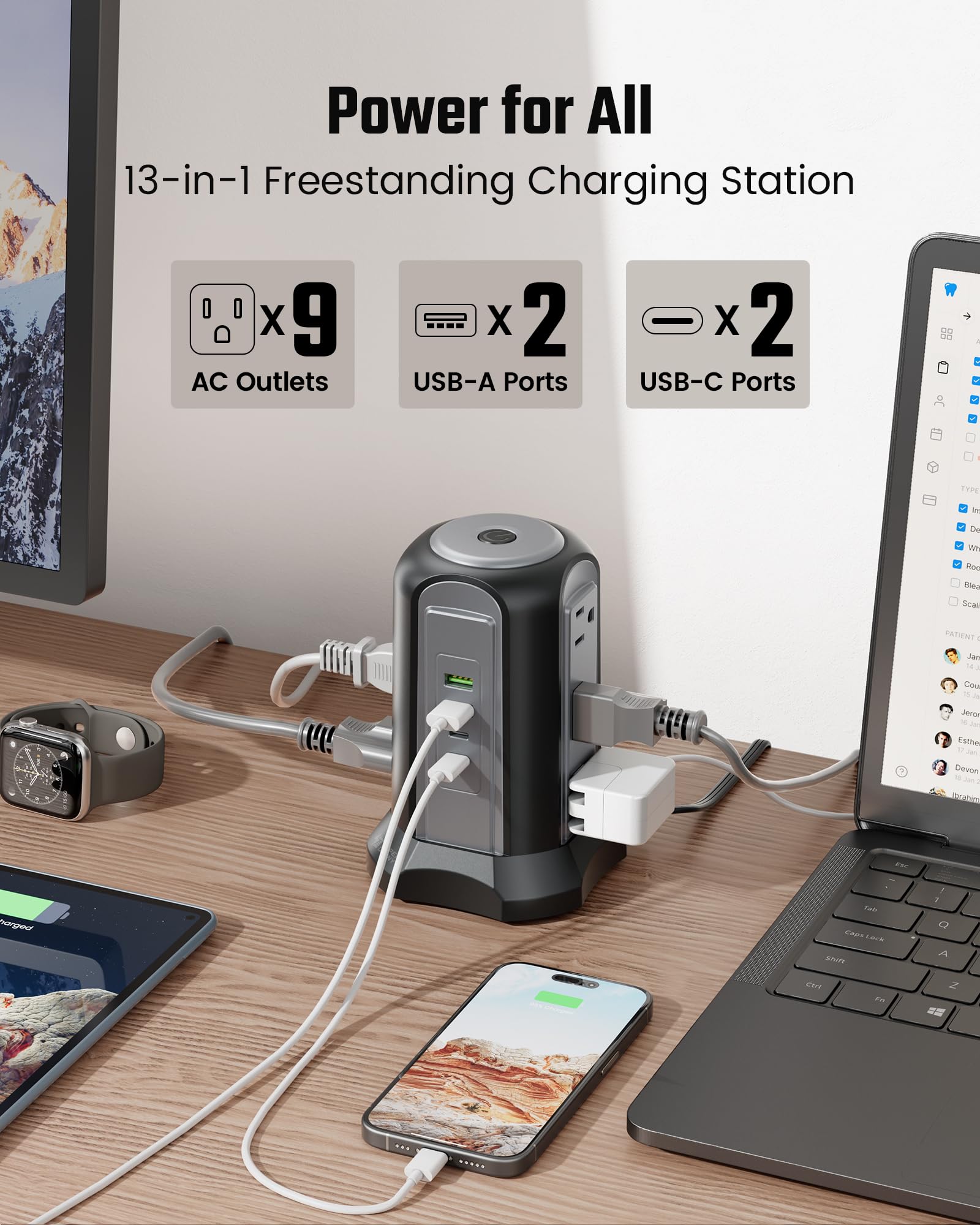 15Ft Extension Cord Power Strip Tower Surge Protector, Desktop Charging Station with Multiple Outlets, 9 Outlets, 4 USB (2 USB-C), 1080J, Multiple Protections Outlet Extender for Home, Office, Dorm