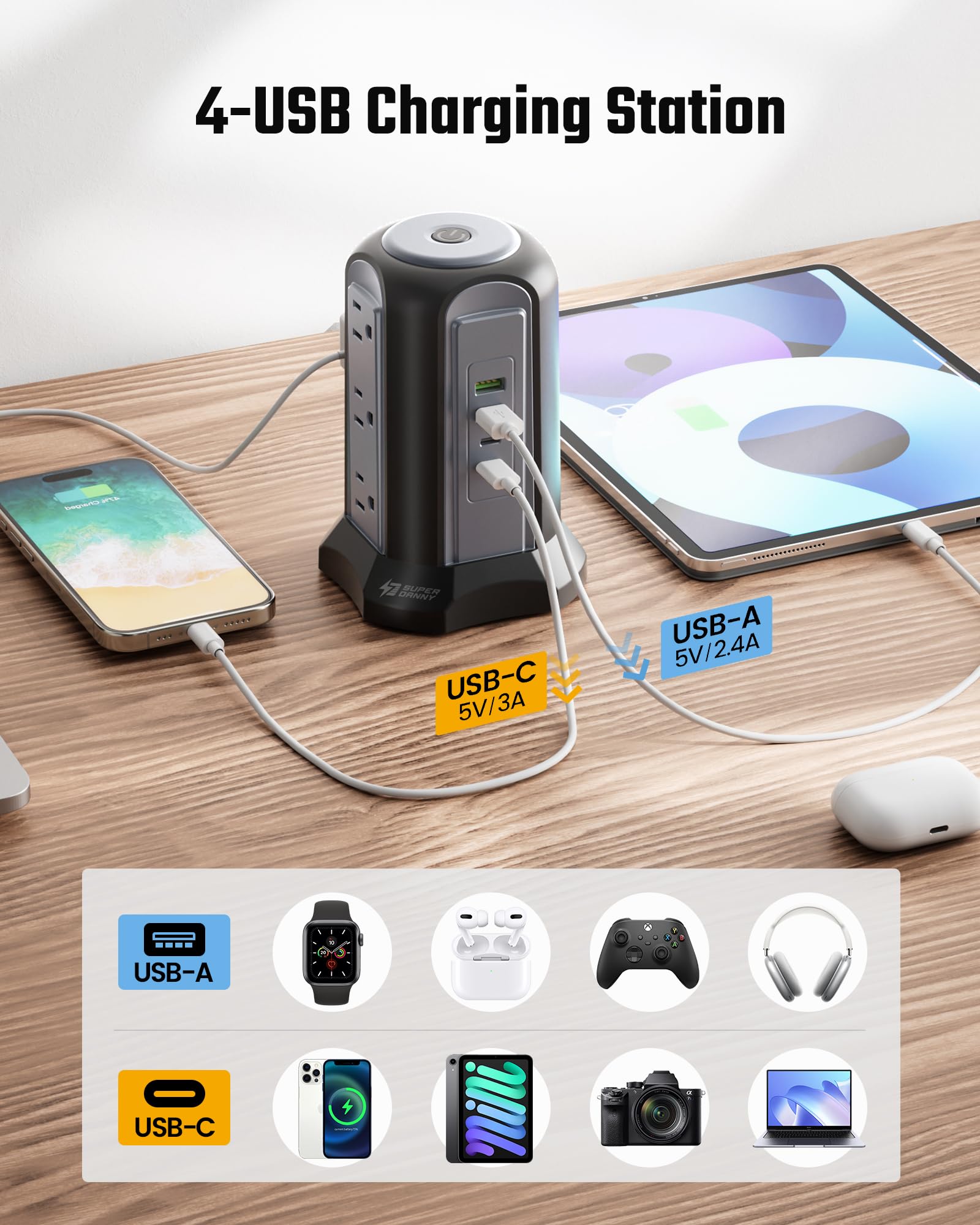 Power Strip Tower Surge Protector, SUPERDANNY Desktop Charging Station, Flat Plug Extension Cord, 9 Outlets, 4 USB (2 USB-C), 1080J, Multiple Protections Outlet Extender for Home, Office, Dorm