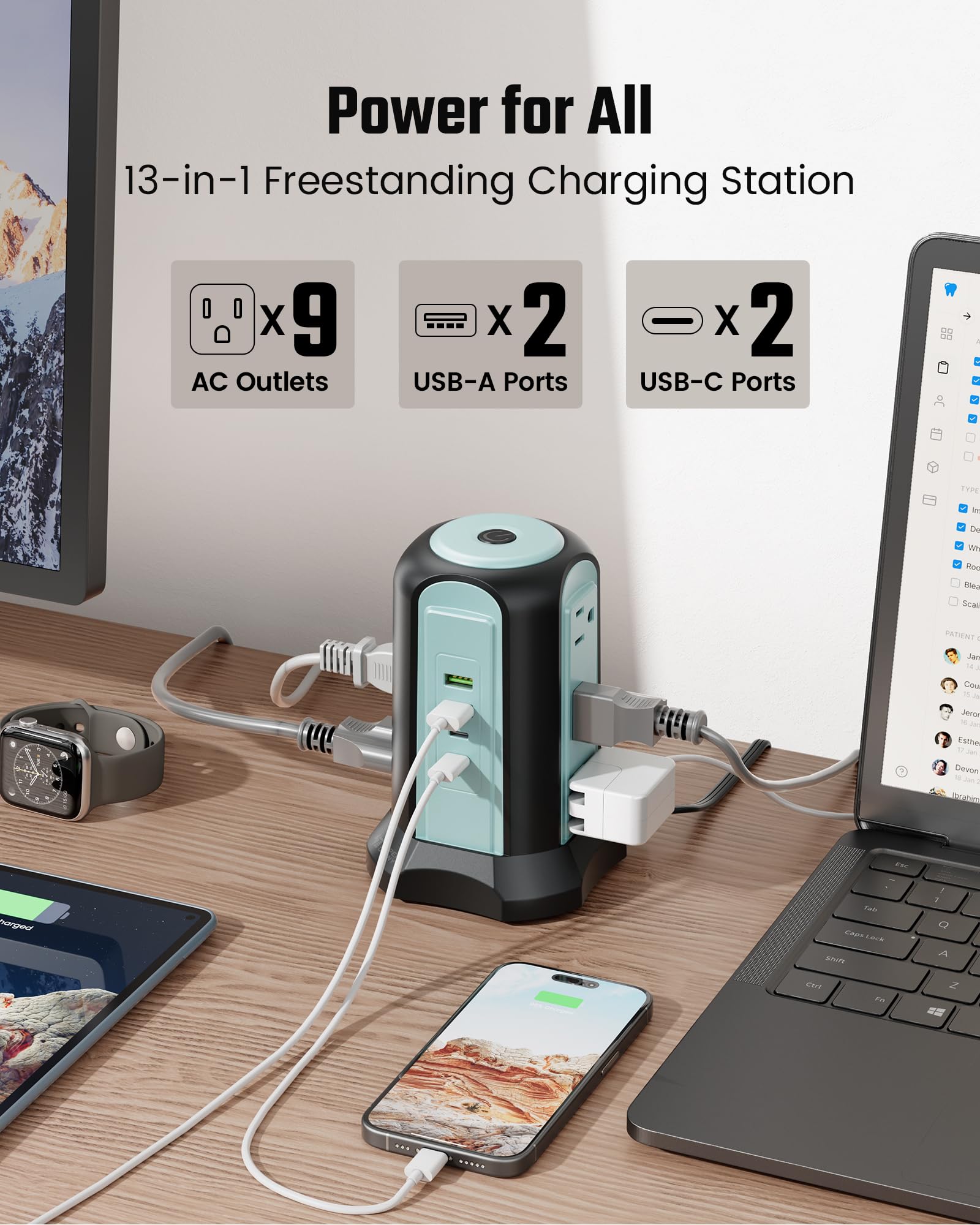 15Ft Long Extension Cord Power Strip Tower Surge Protector, Desktop Charging Station with Multiple Outlets, 9 Outlets, 4 USB (2 USB-C), 1080J Multiple Protections Outlet Extender for Home Office Blue